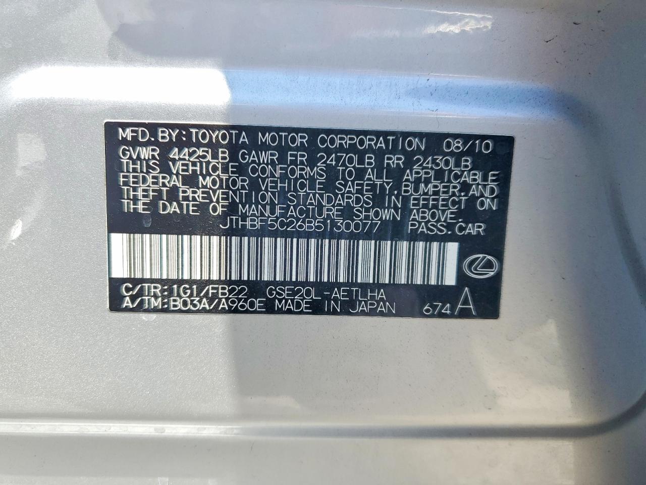 2011 Lexus Is 250 Silver vin: JTHBF5C26B5130077