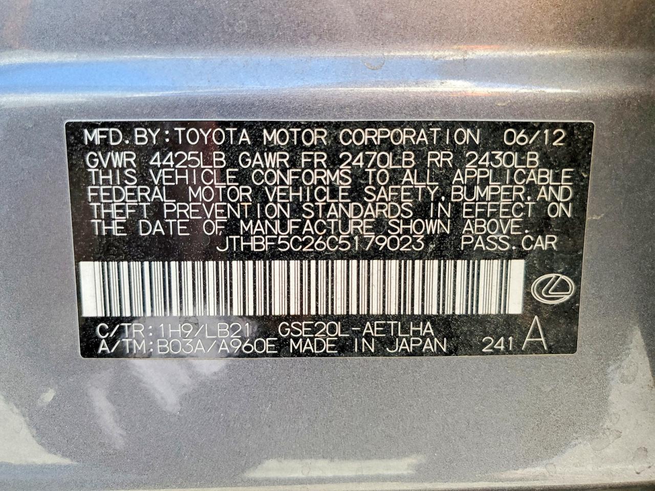 2012 Lexus Is 250 Gray vin: JTHBF5C26C5179023