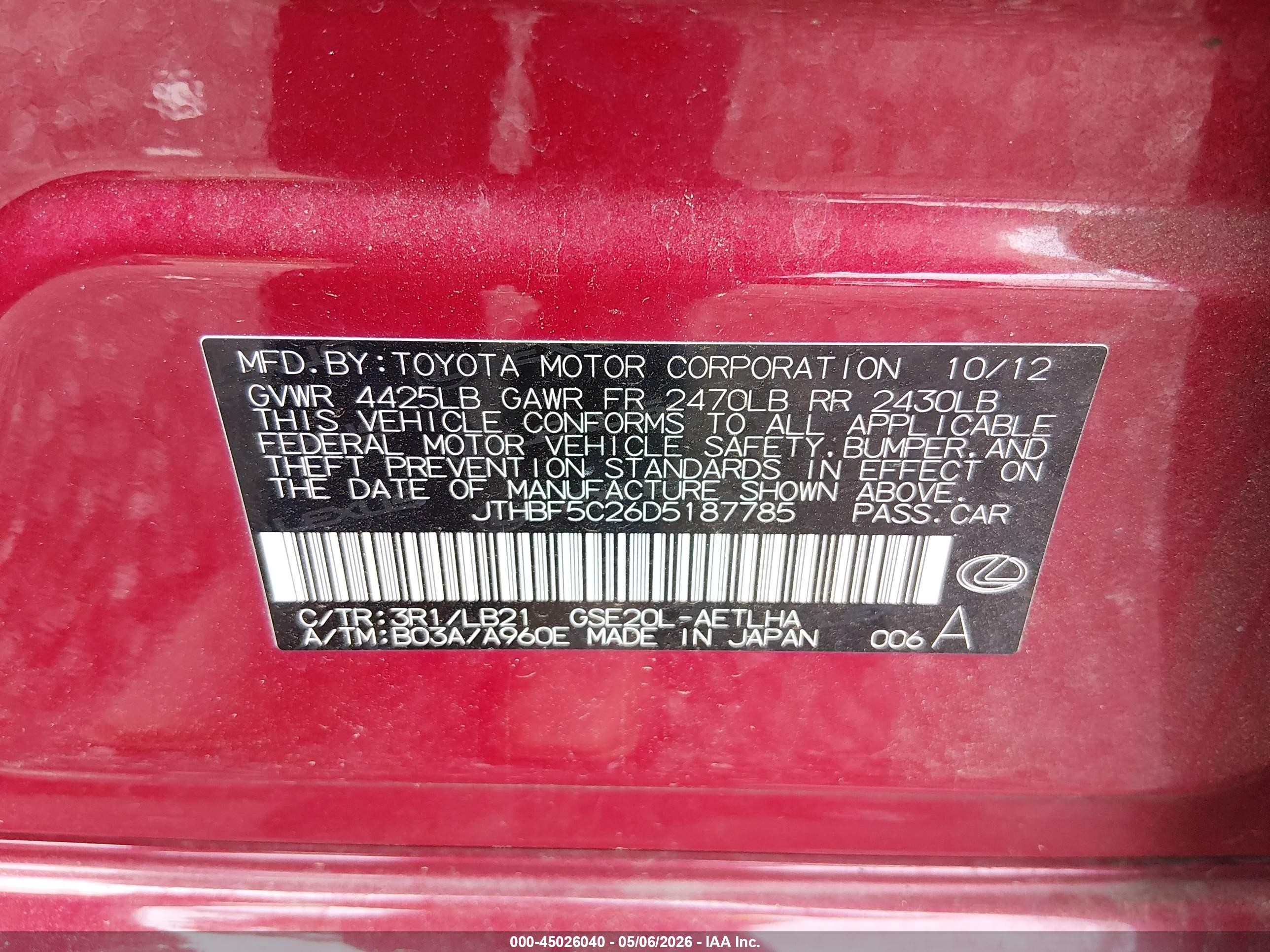 2013 Lexus Is 250 Red vin: JTHBF5C26D5187785