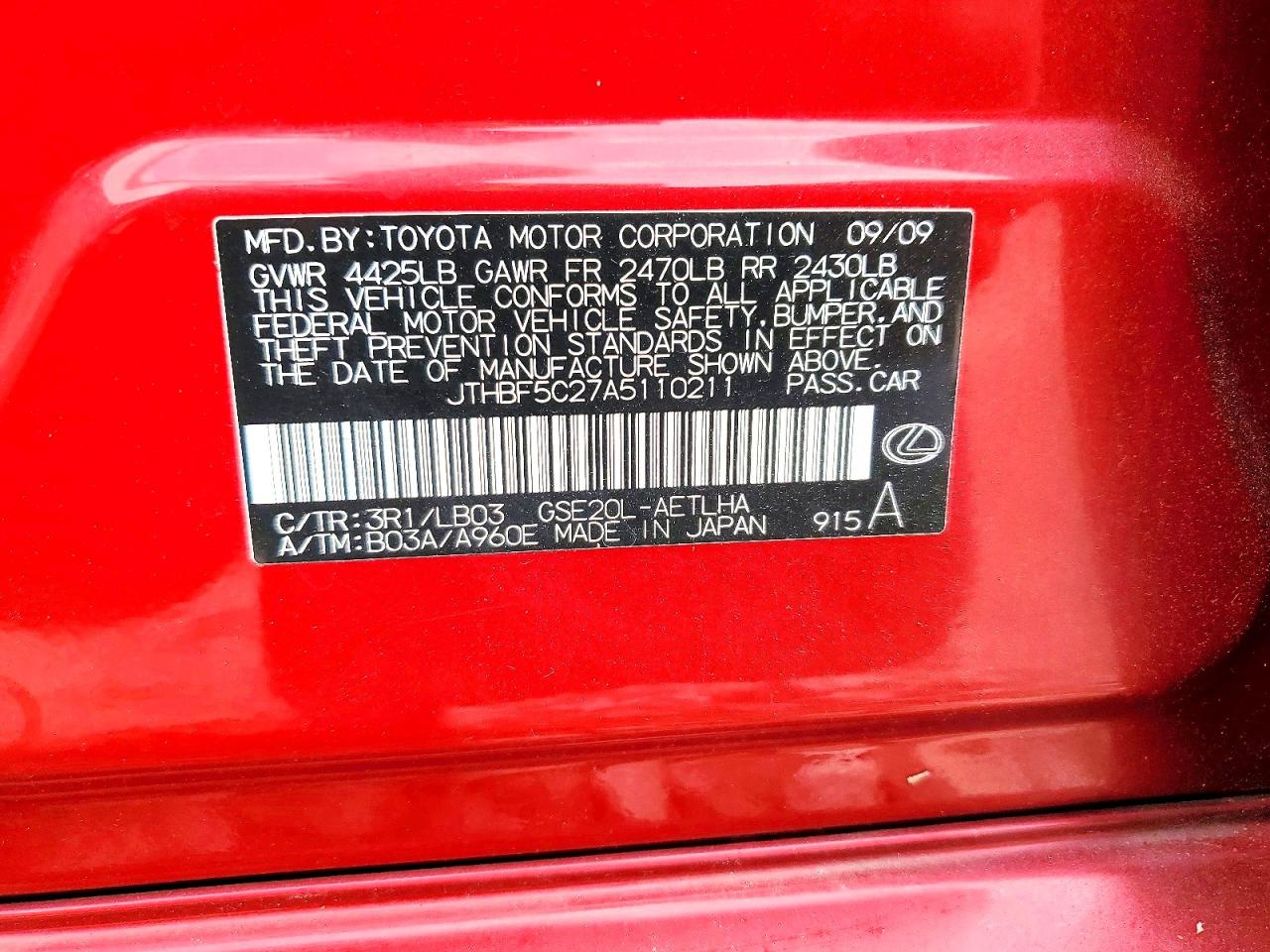 2010 Lexus Is 250 Red vin: JTHBF5C27A5110211
