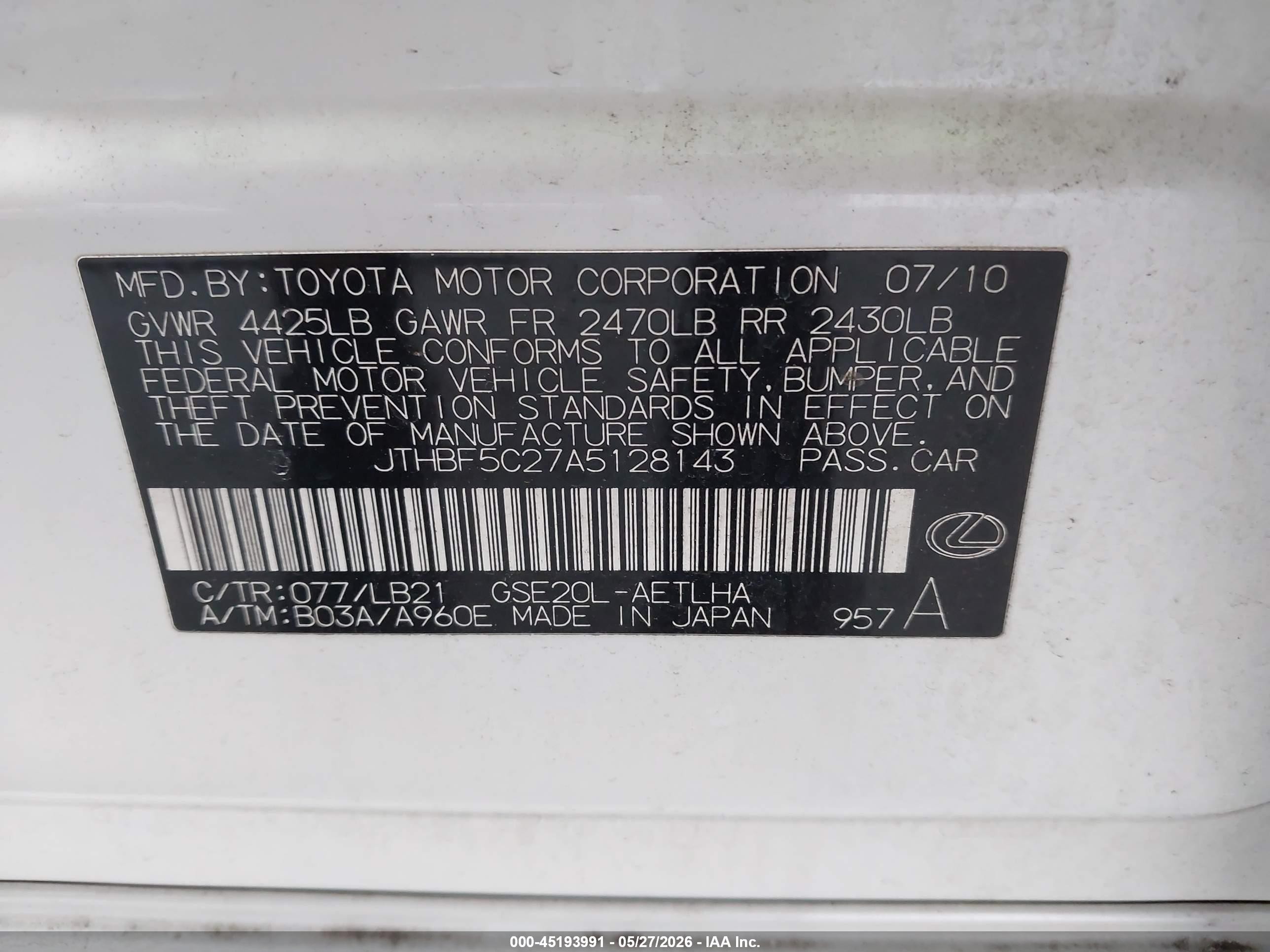 2010 Lexus Is 250   White vin: JTHBF5C27A5128143