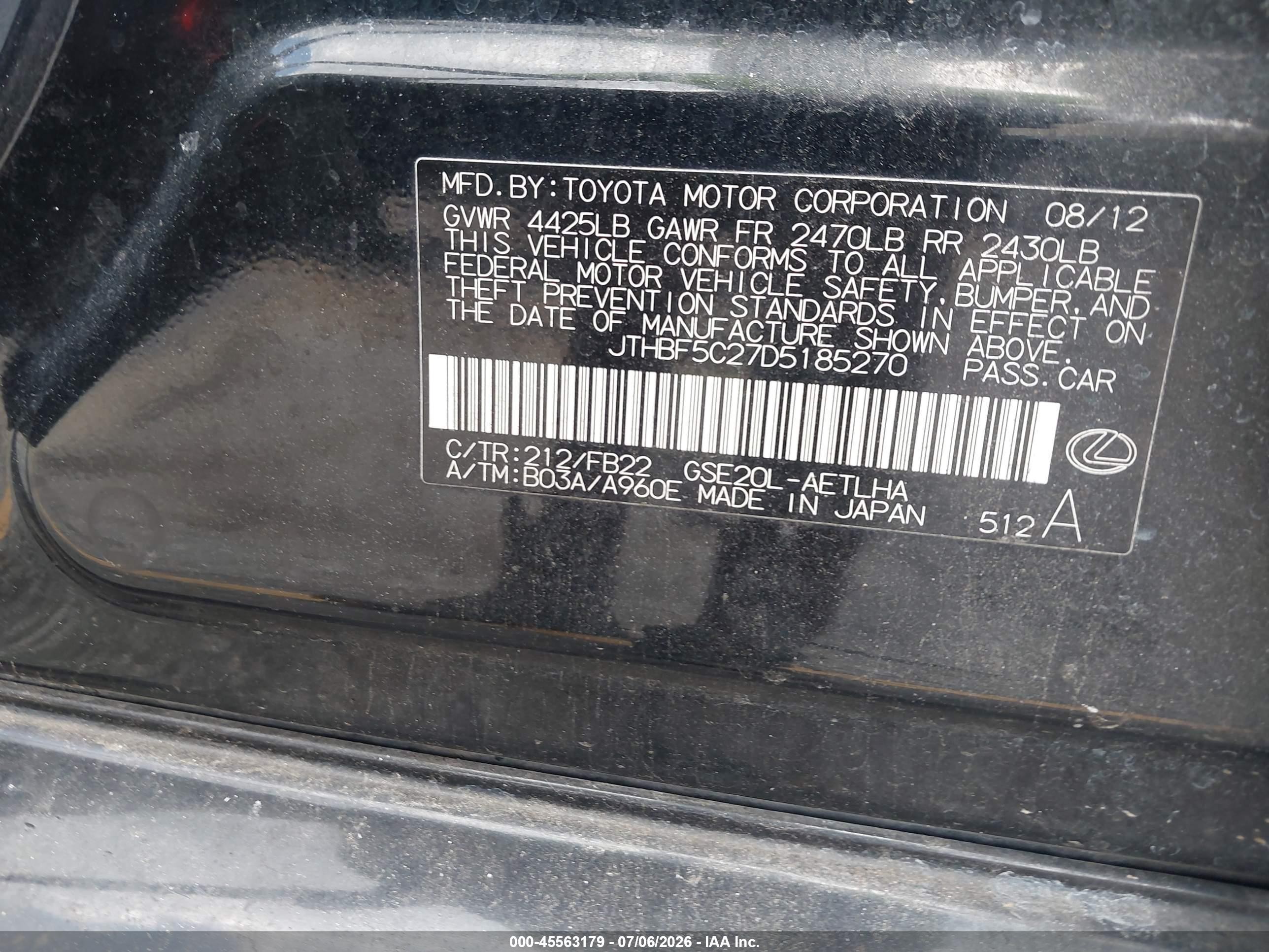 2013 Lexus Is 250 Black vin: JTHBF5C27D5185270
