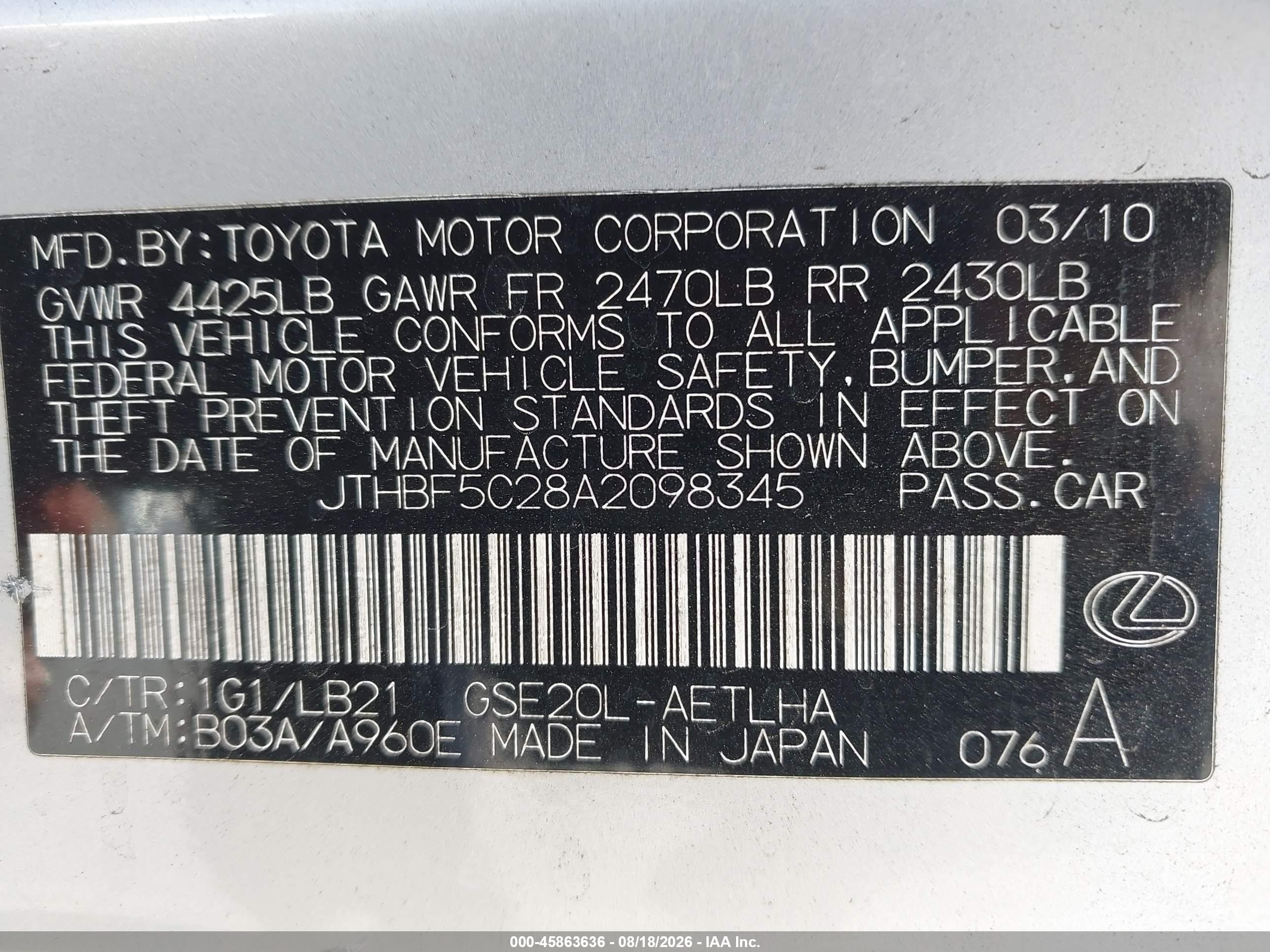 2010 Lexus Is 250   Silver vin: JTHBF5C28A2098345
