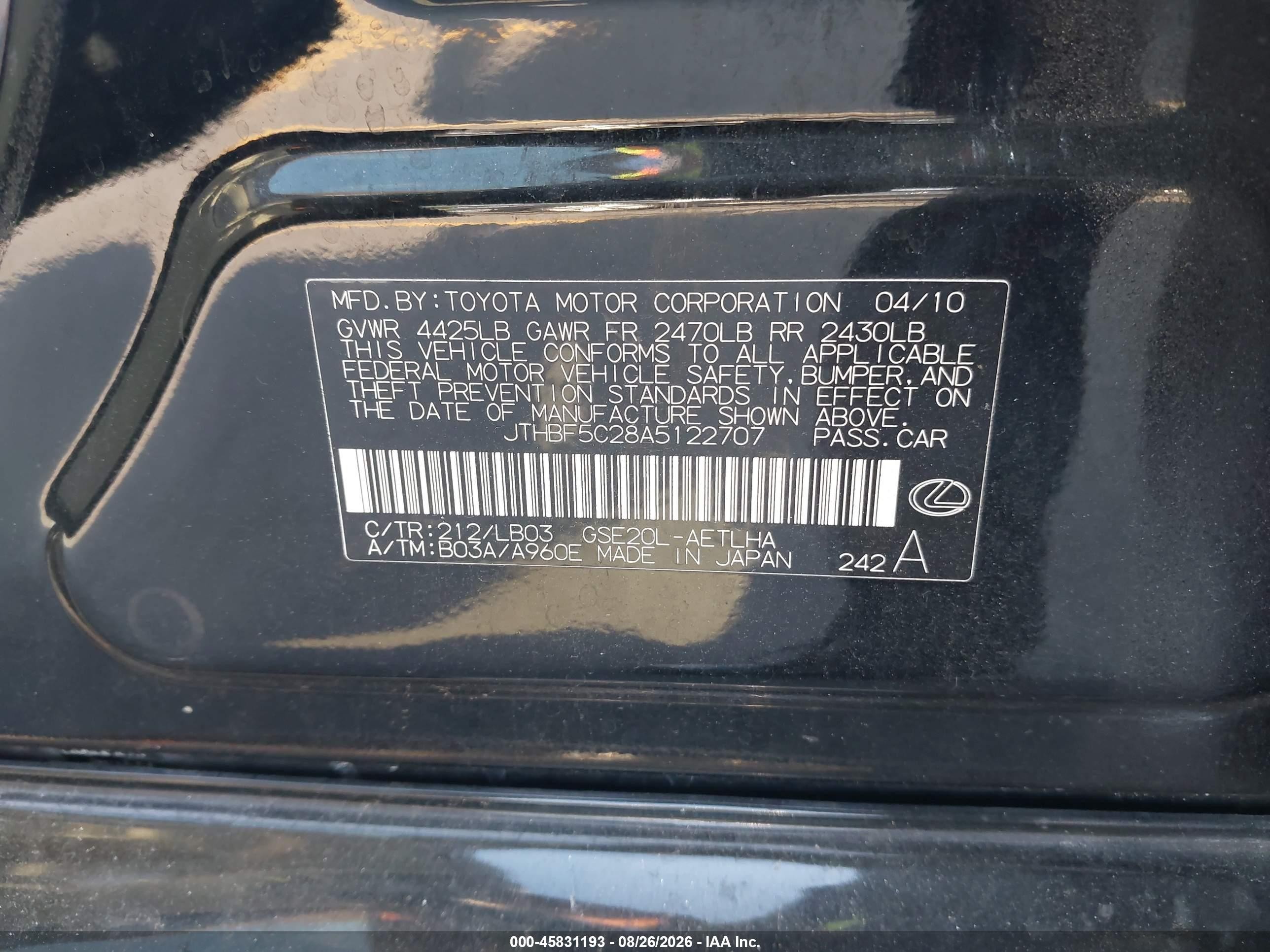 2010 Lexus Is 250 Черный vin: JTHBF5C28A5122707