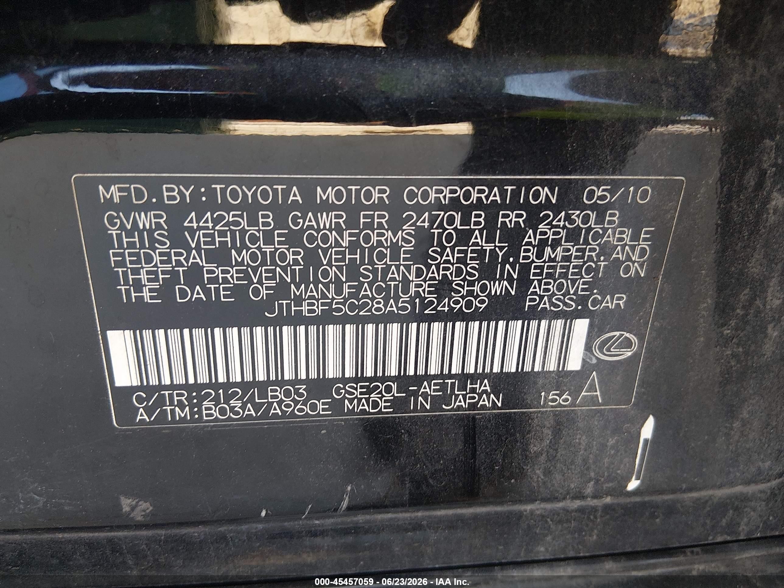 2010 Lexus Is 250   Black vin: JTHBF5C28A5124909