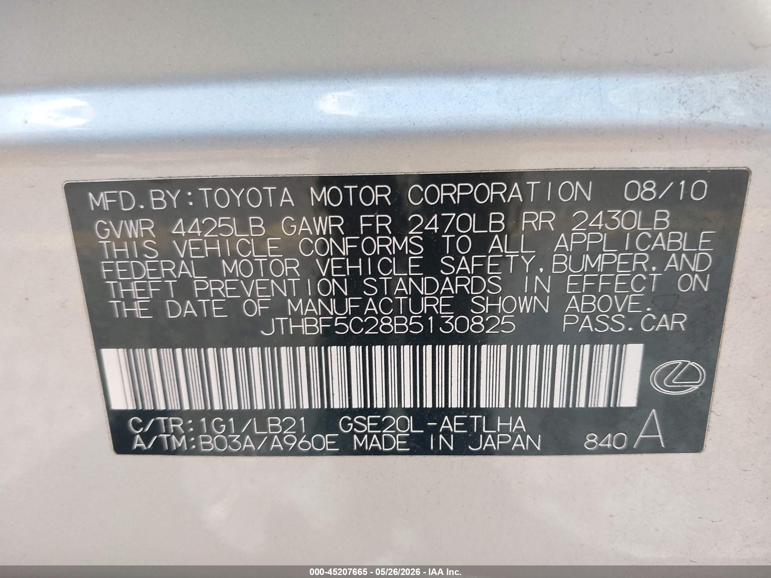 2011 Lexus Is 250   Silver vin: JTHBF5C28B5130825