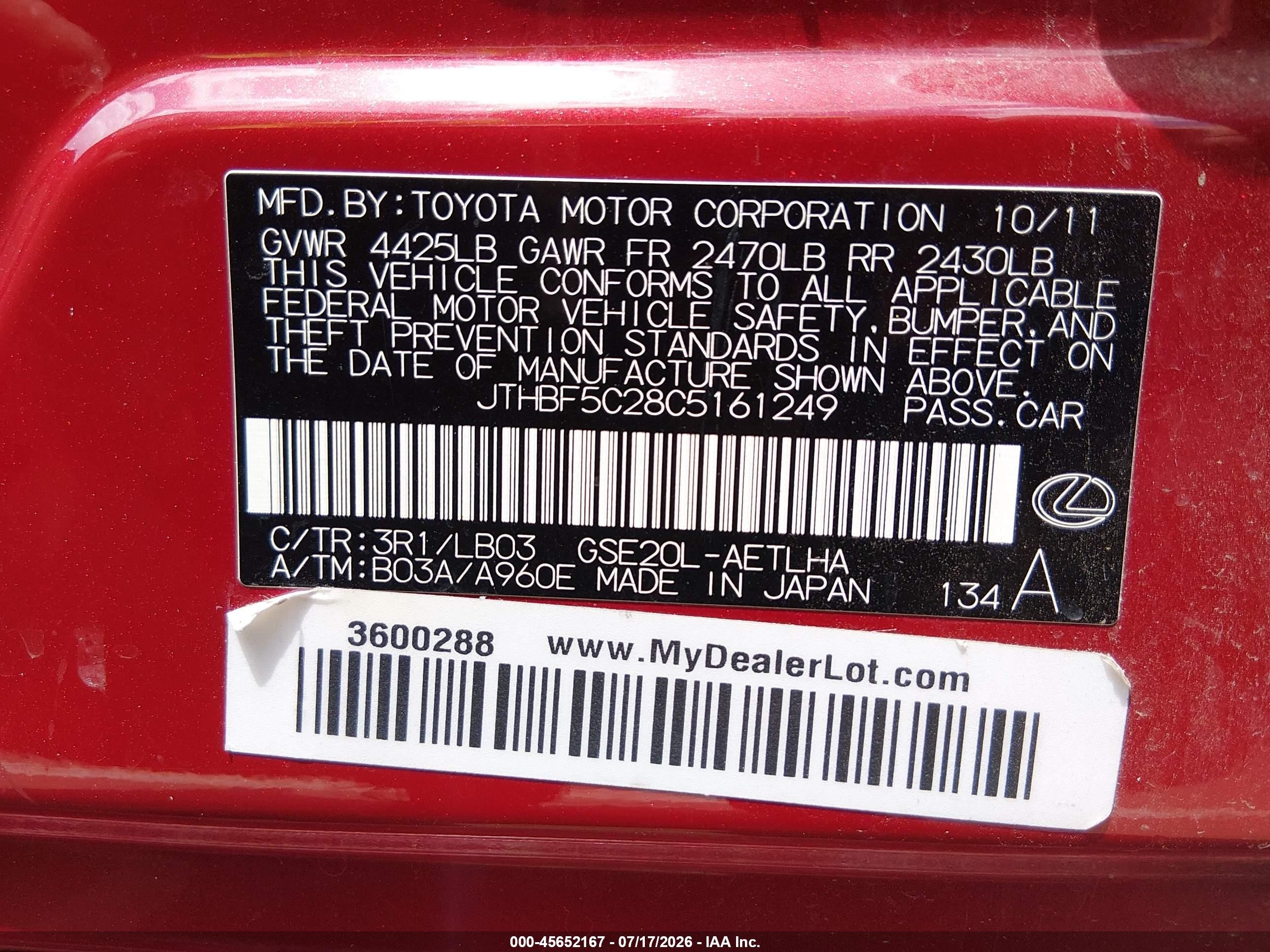 2012 Lexus Is 250   Red vin: JTHBF5C28C5161249