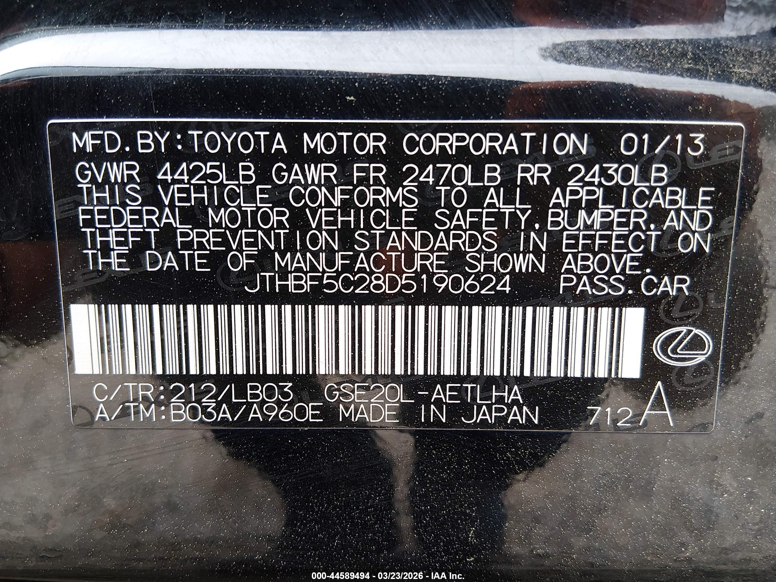 2013 Lexus Is 250   Black vin: JTHBF5C28D5190624