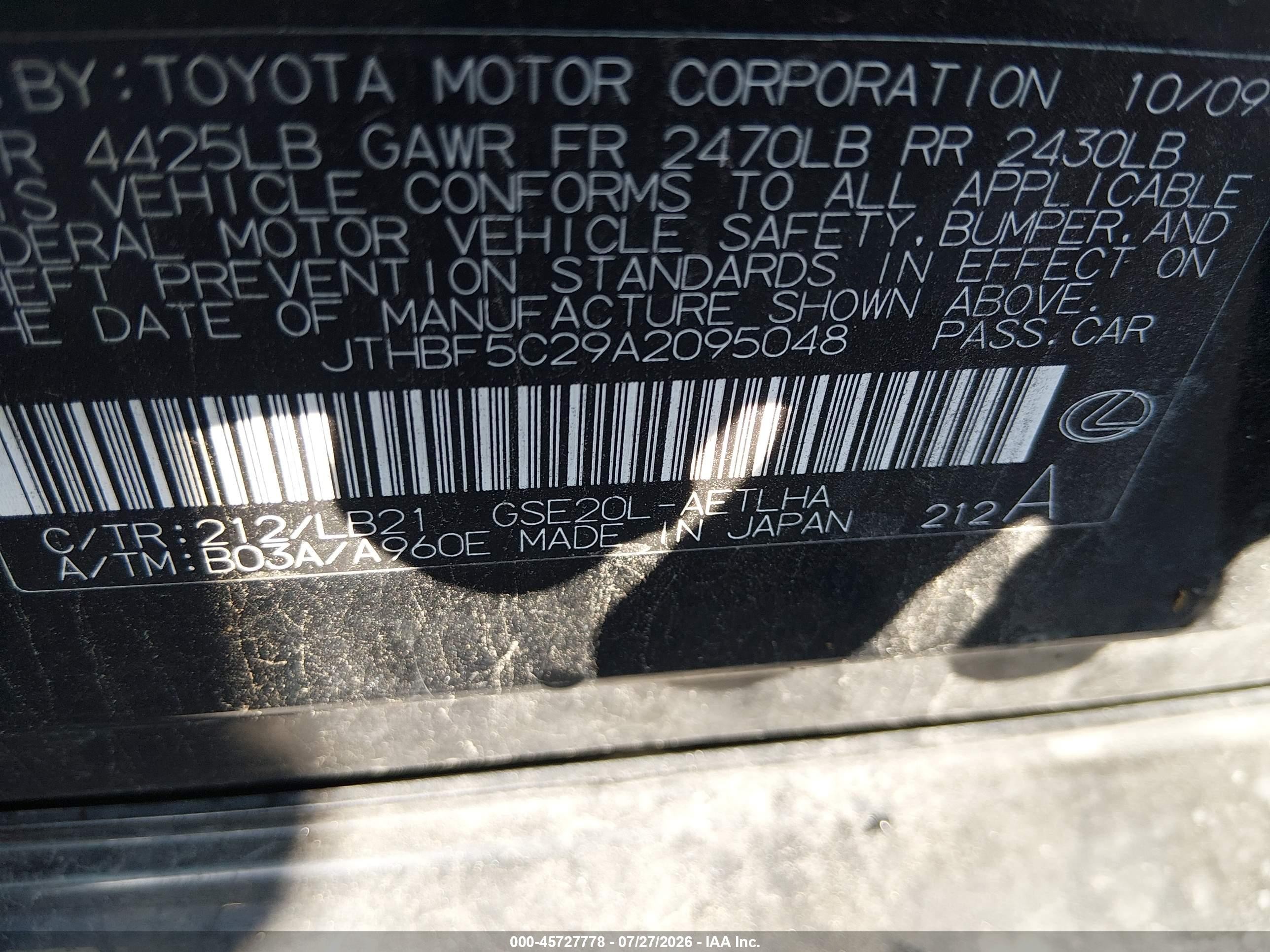 2010 Lexus Is 250   Black vin: JTHBF5C29A2095048