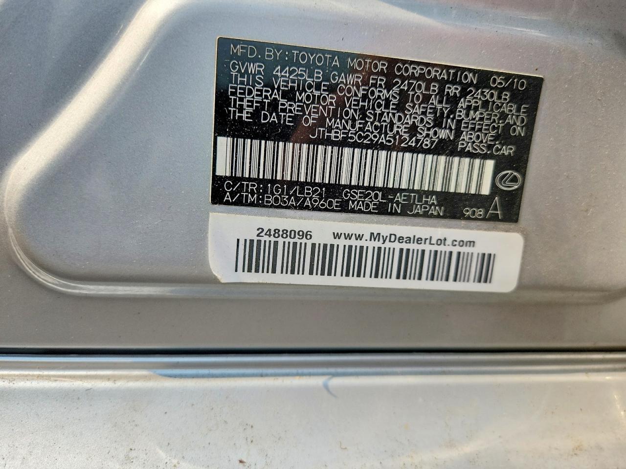 2010 Lexus Is 250 Silver vin: JTHBF5C29A5124787