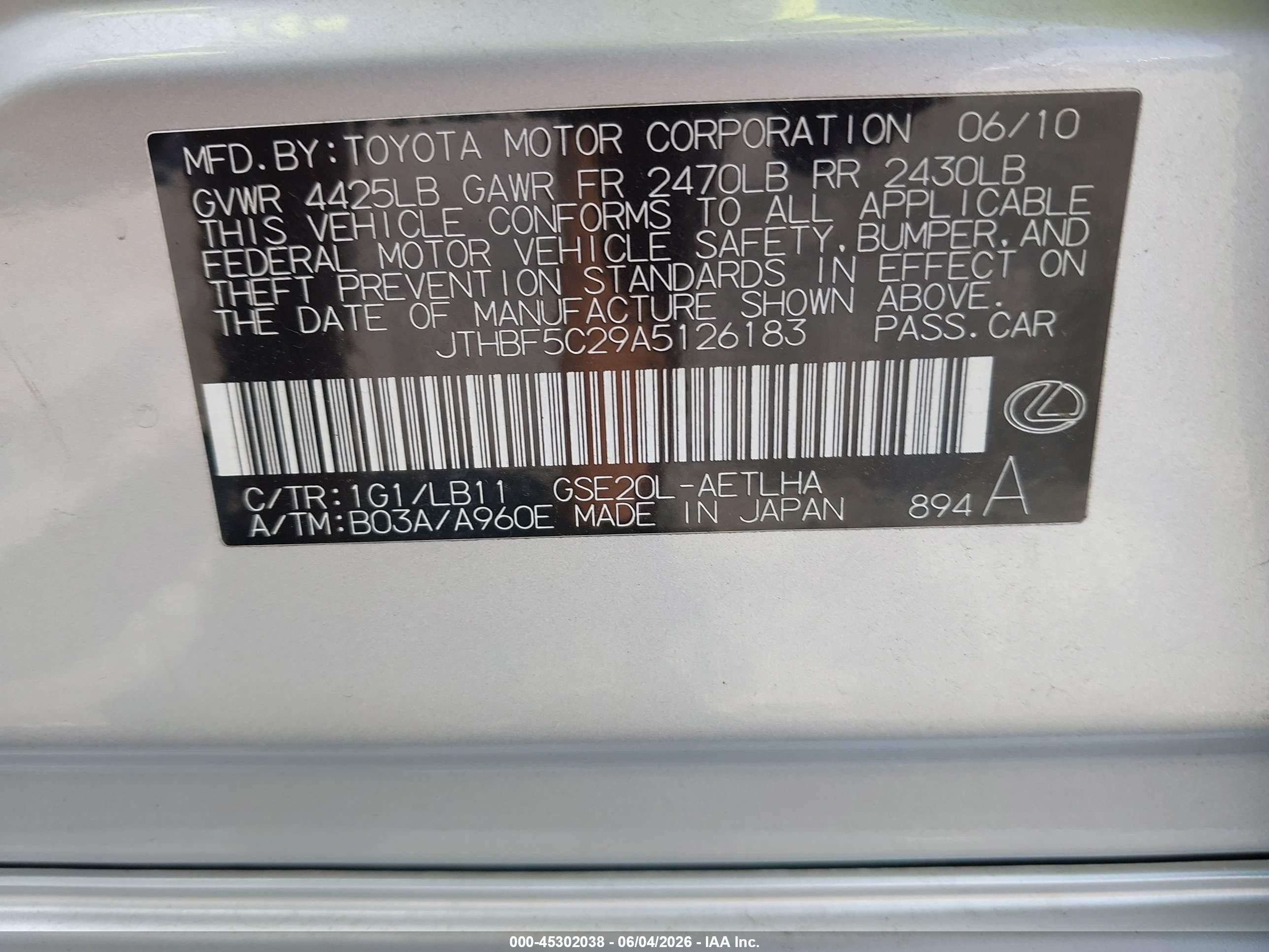 2010 Lexus Is 250   Silver vin: JTHBF5C29A5126183