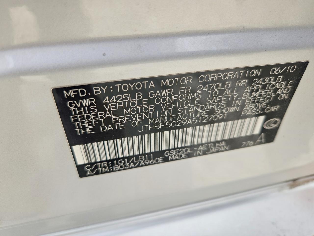 2010 Lexus Is 250 Silver vin: JTHBF5C29A5127091