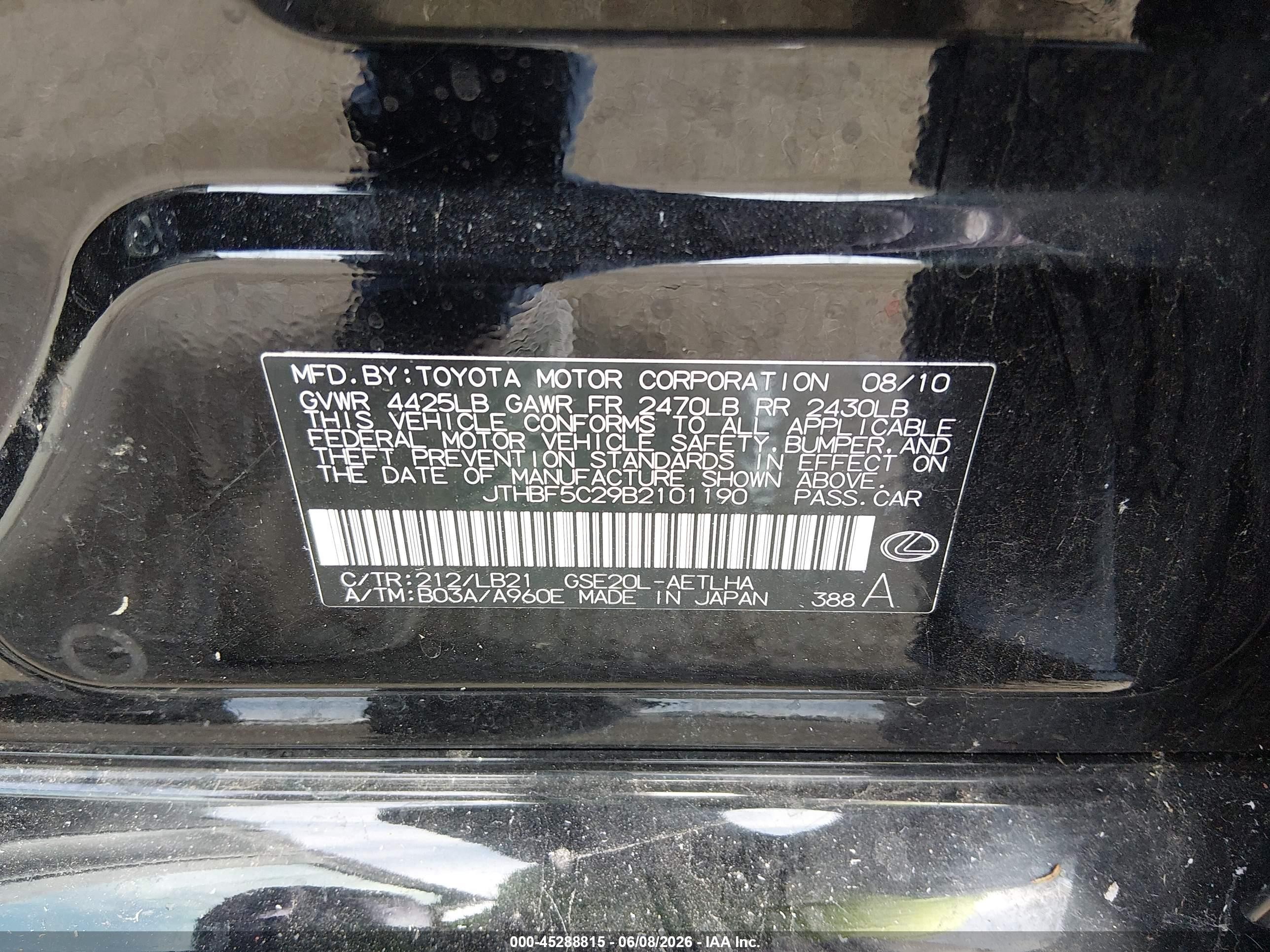 2011 Lexus Is 250   Black vin: JTHBF5C29B2101190