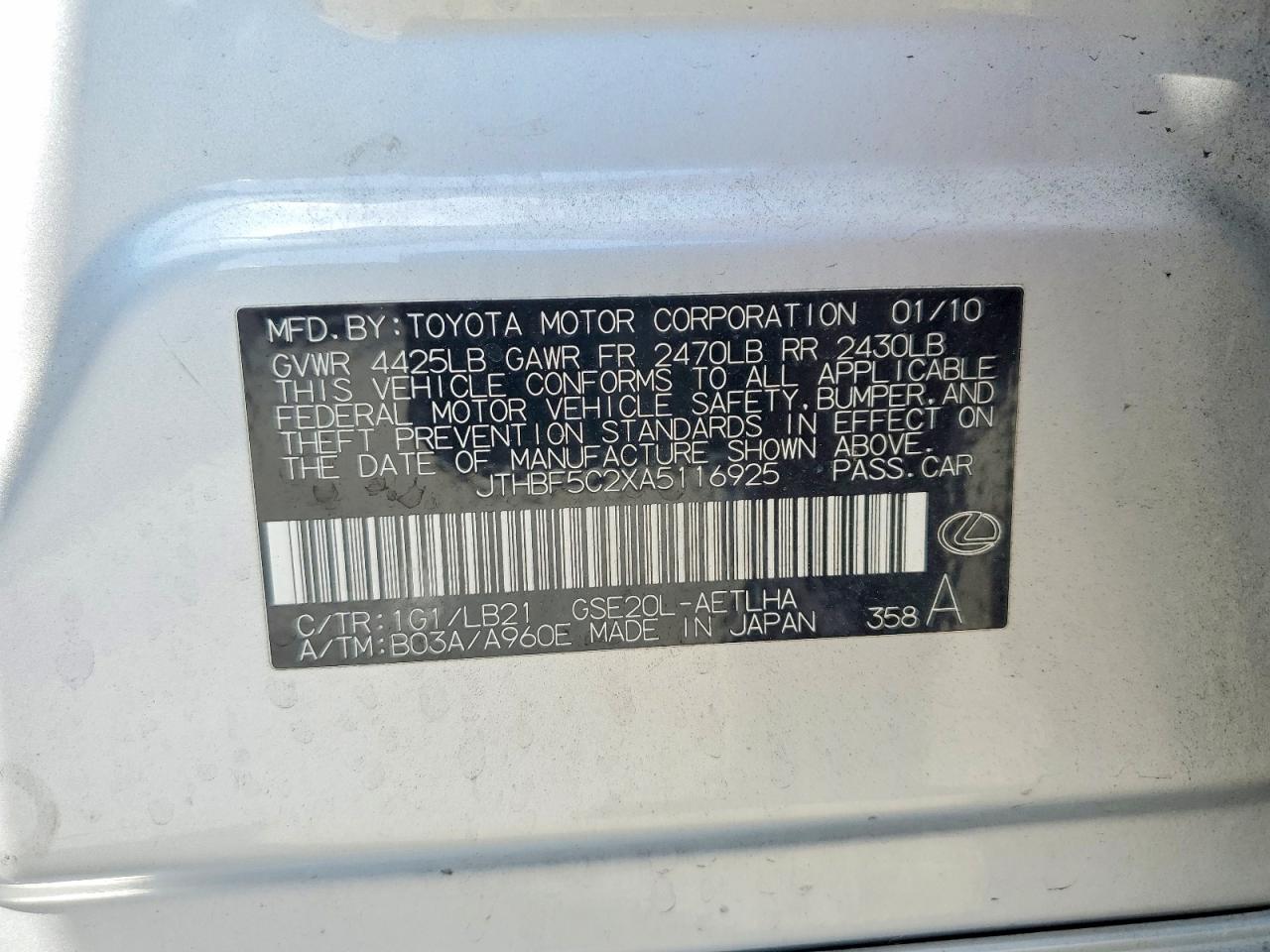 2010 Lexus Is 250 Base Silver vin: JTHBF5C2XA5116925