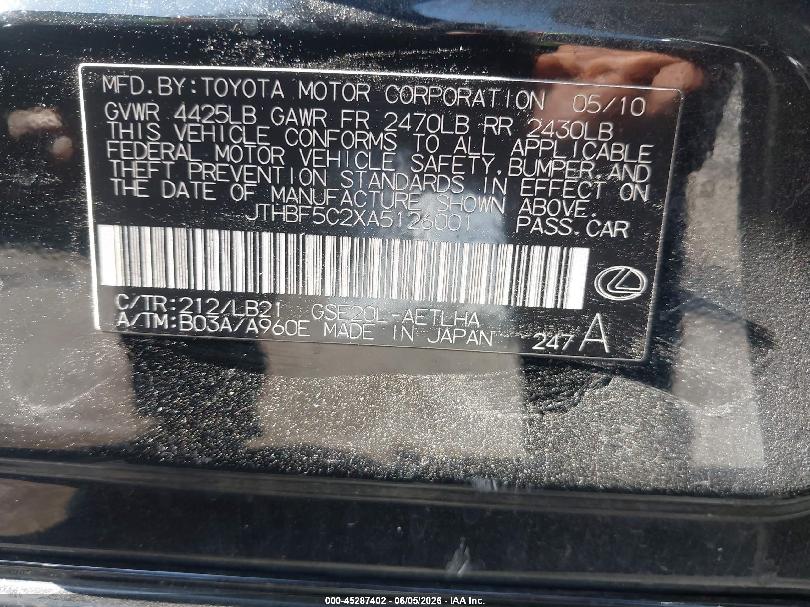 2010 Lexus Is 250 Black vin: JTHBF5C2XA5126001