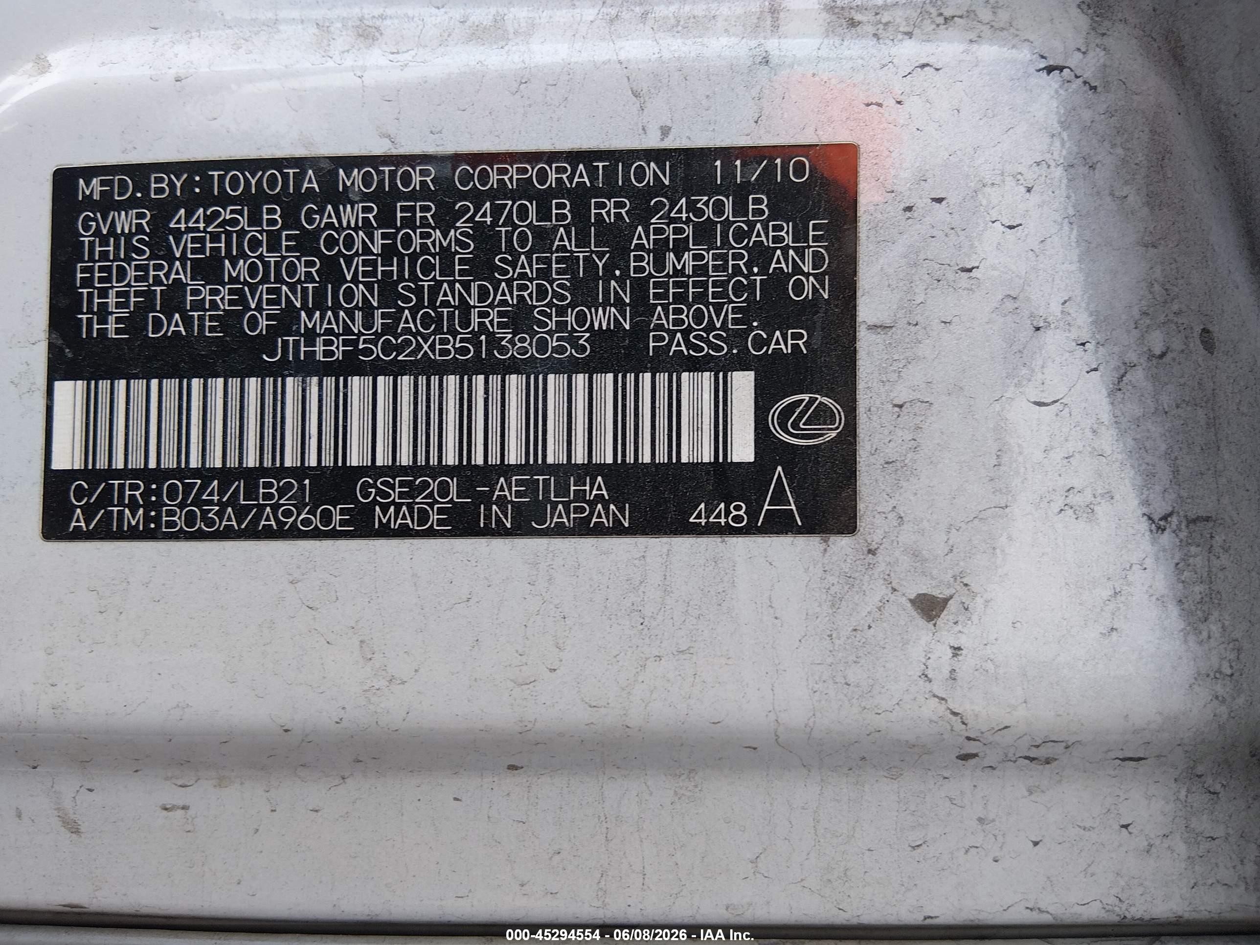 2011 Lexus Is 250   White vin: JTHBF5C2XB5138053
