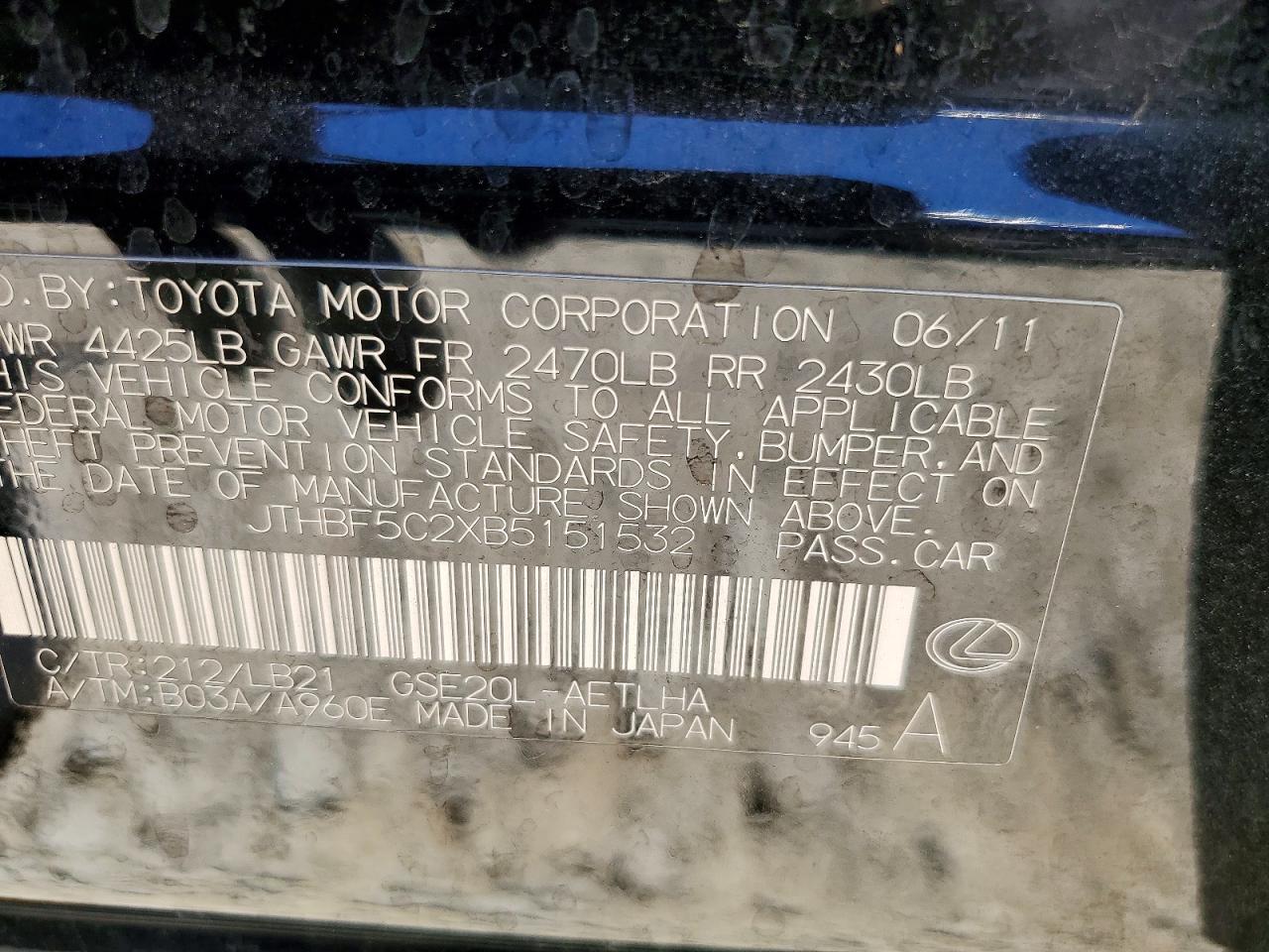 2011 Lexus Is 250 Black vin: JTHBF5C2XB5151532