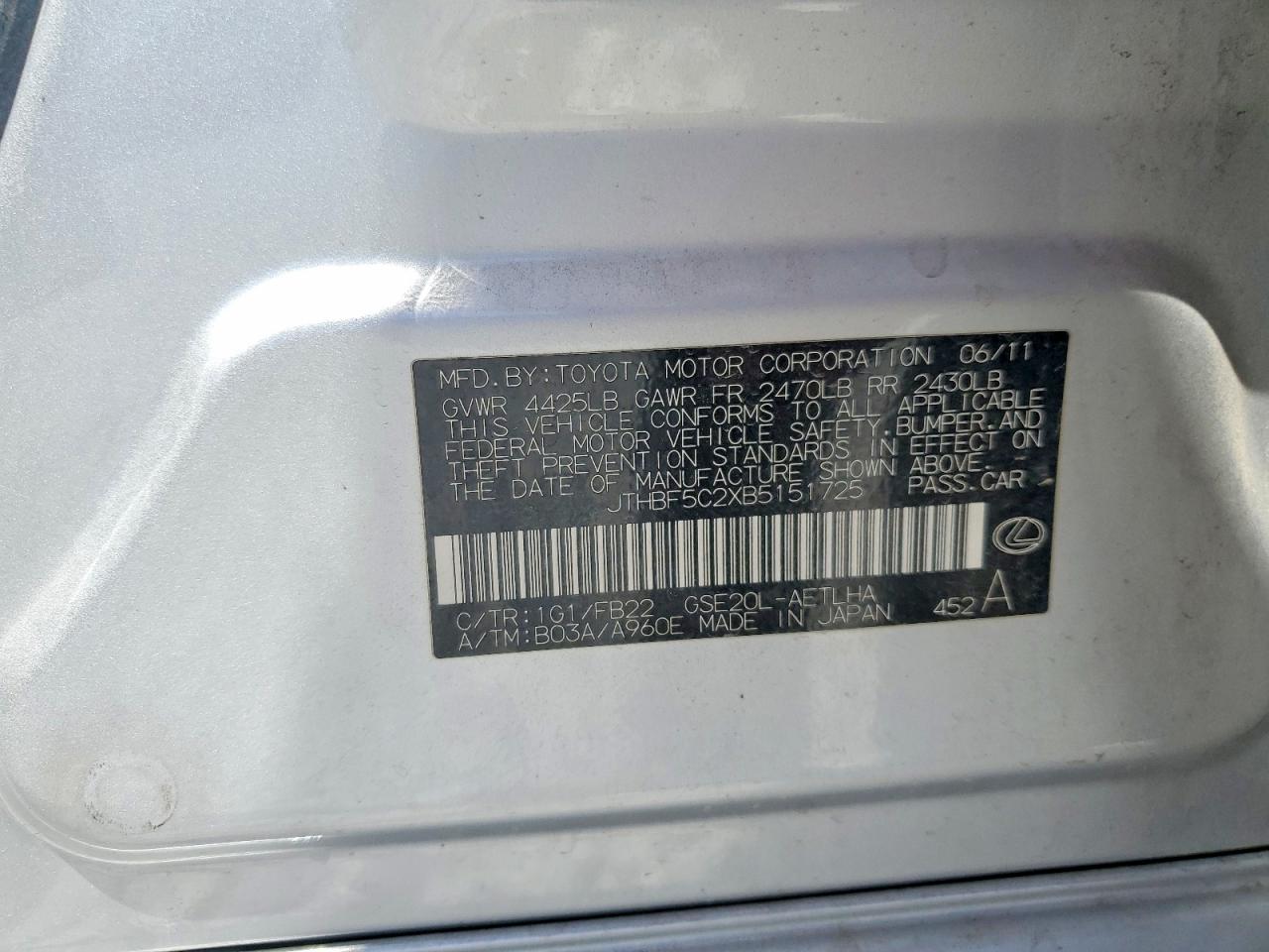 2011 Lexus Is 250 Silver vin: JTHBF5C2XB5151725
