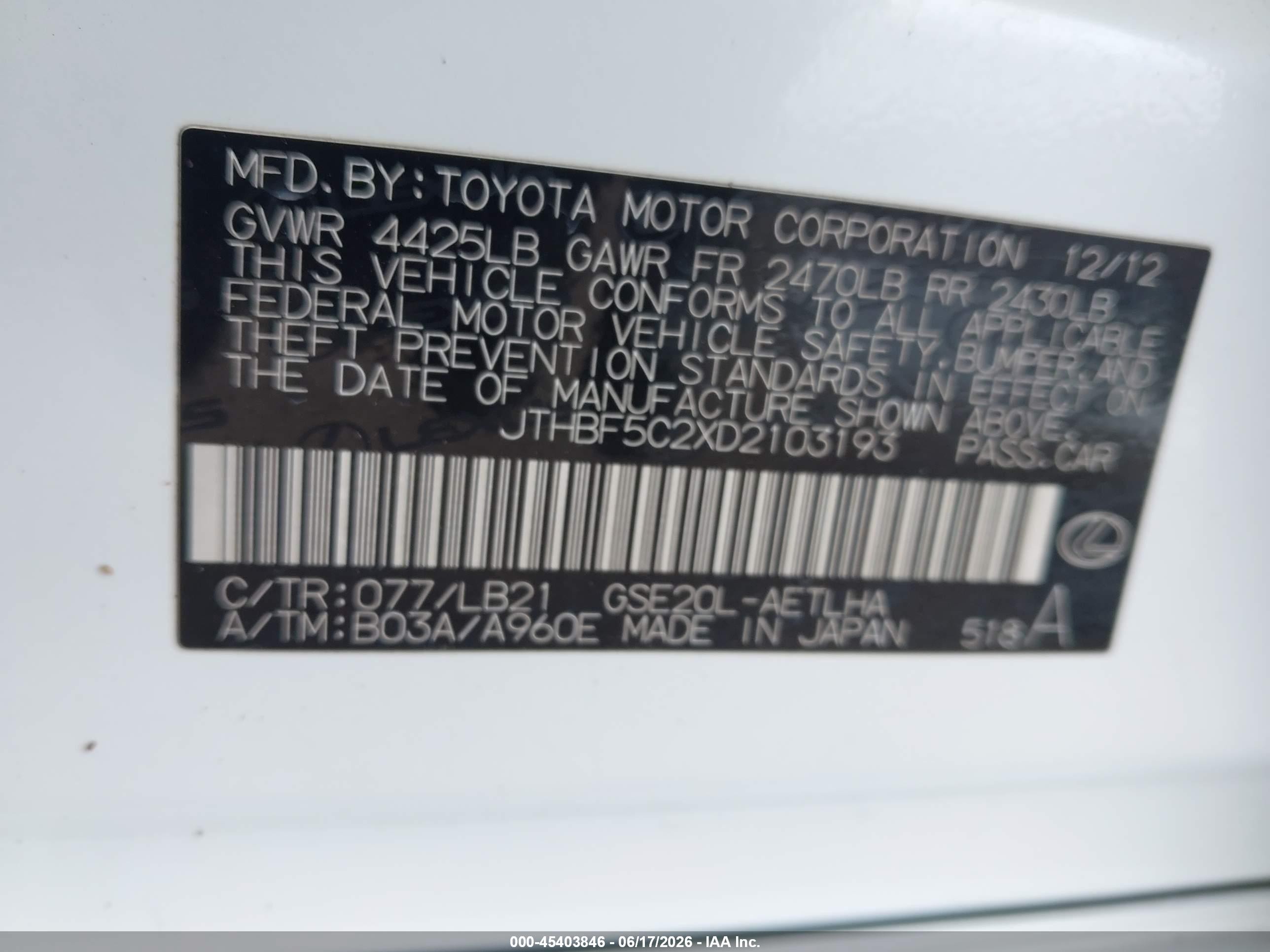 2013 Lexus Is 250 White vin: JTHBF5C2XD2103193