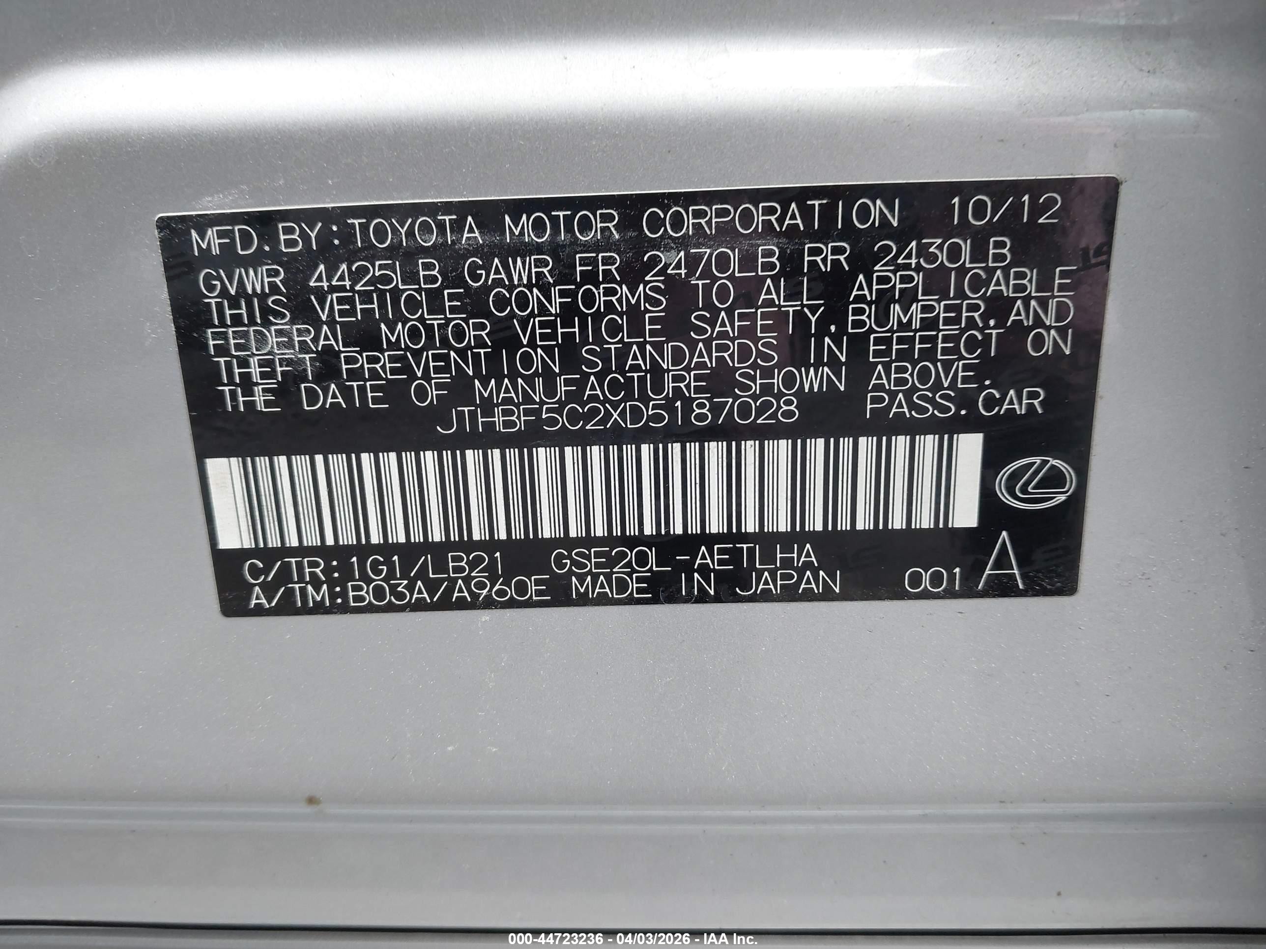 2013 Lexus Is 250 Silver vin: JTHBF5C2XD5187028