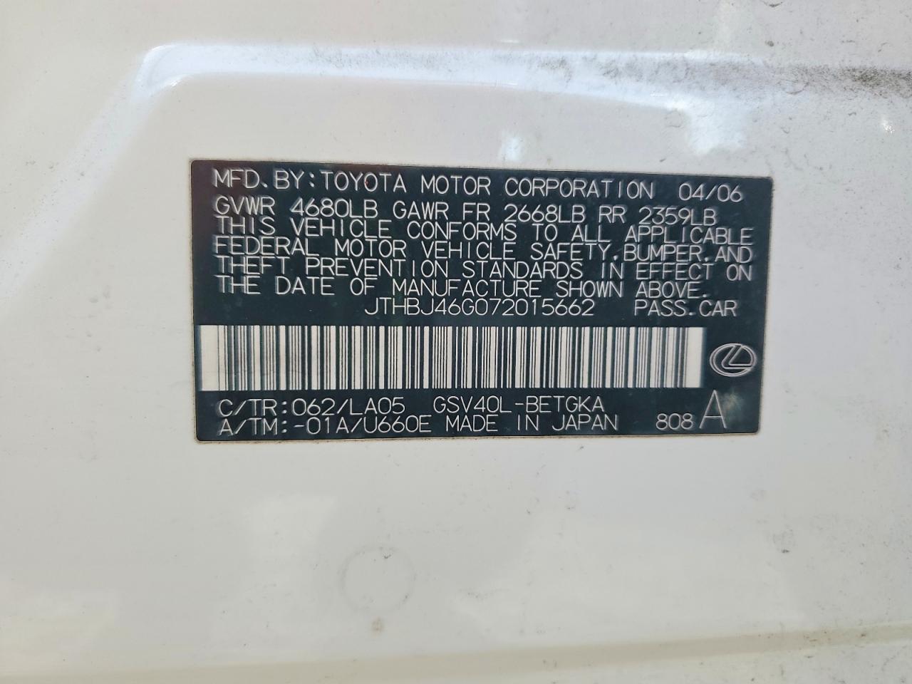 2007 Lexus Es 350 White vin: JTHBJ46G072015662