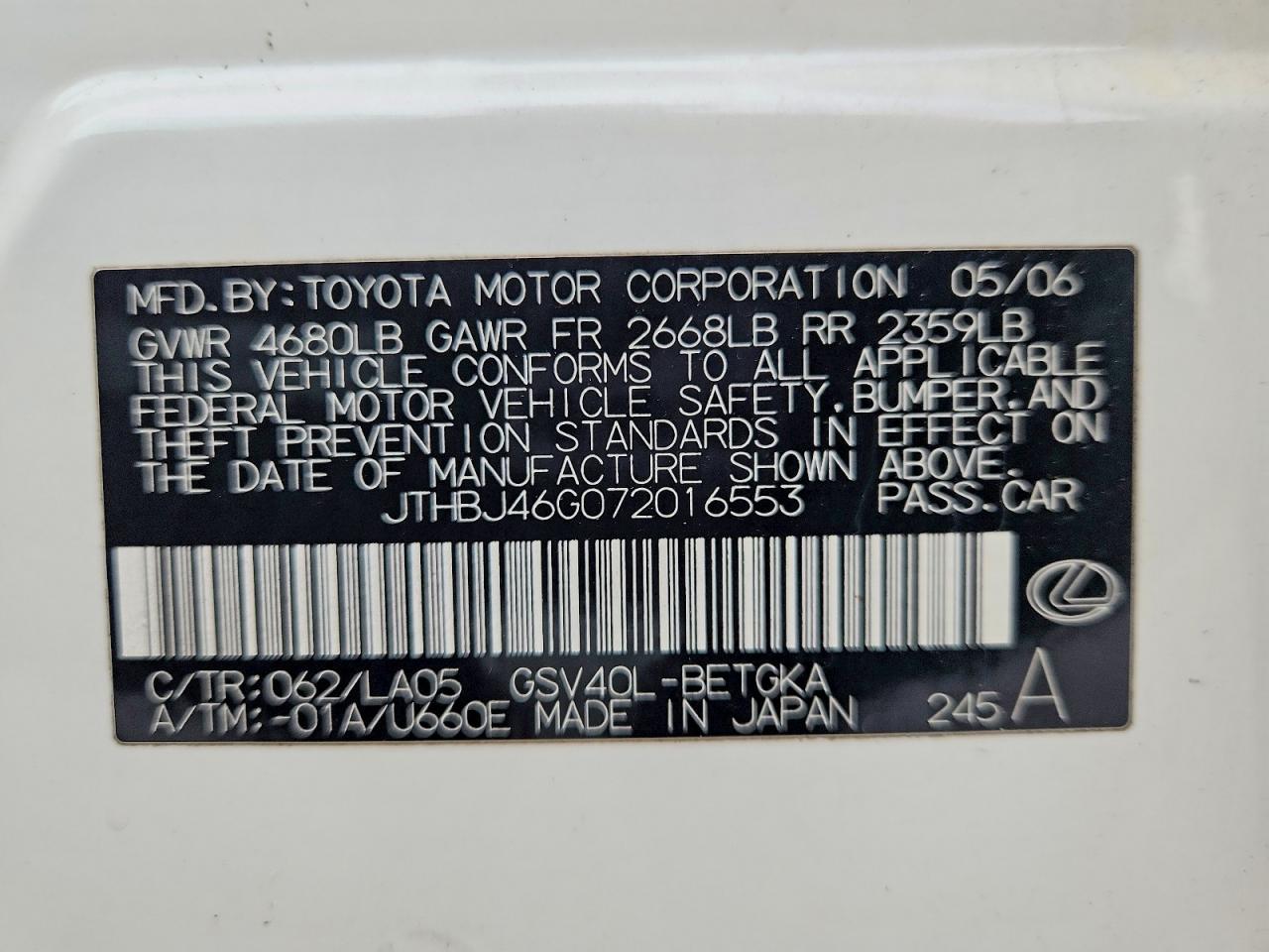 2007 Lexus Es 350 White vin: JTHBJ46G072016553