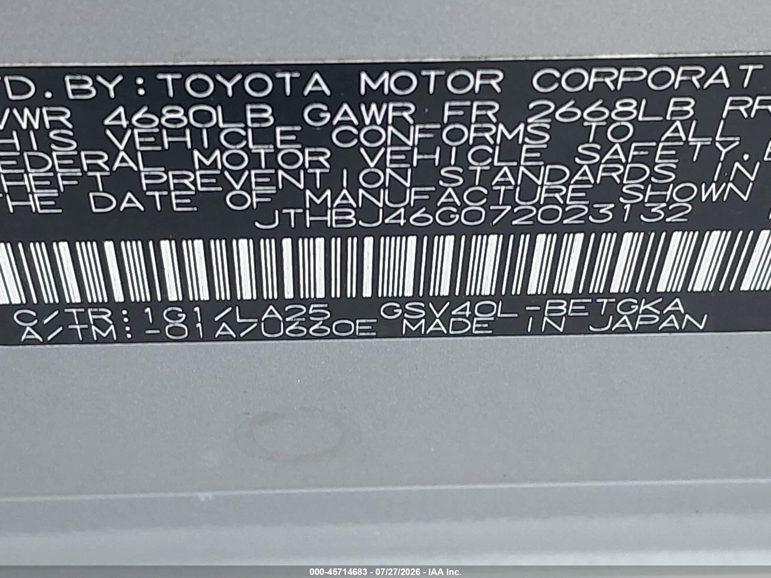 2007 Lexus Es 350   Gray vin: JTHBJ46G072023132