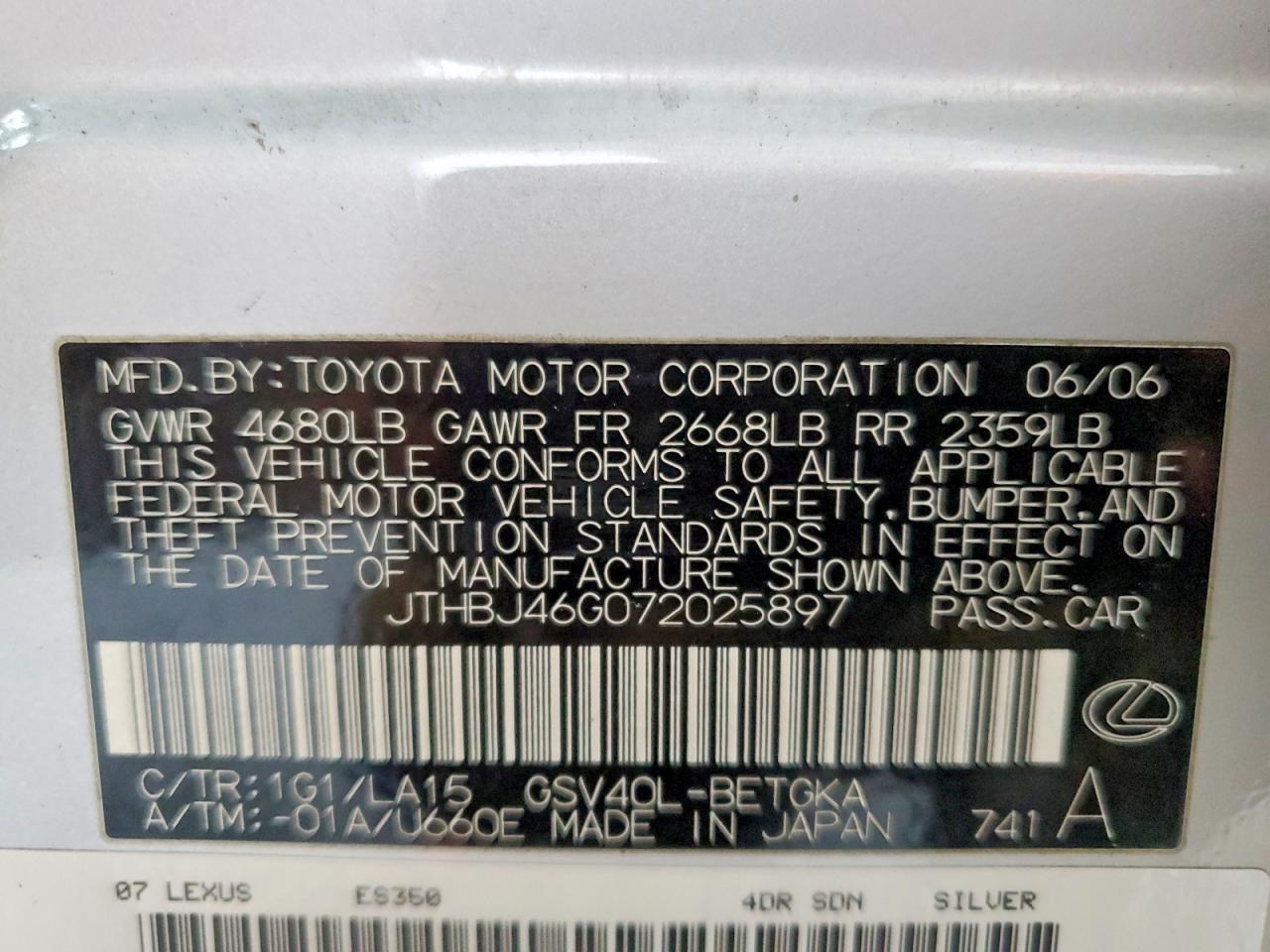 2007 Lexus Es 350 Silver vin: JTHBJ46G072025897