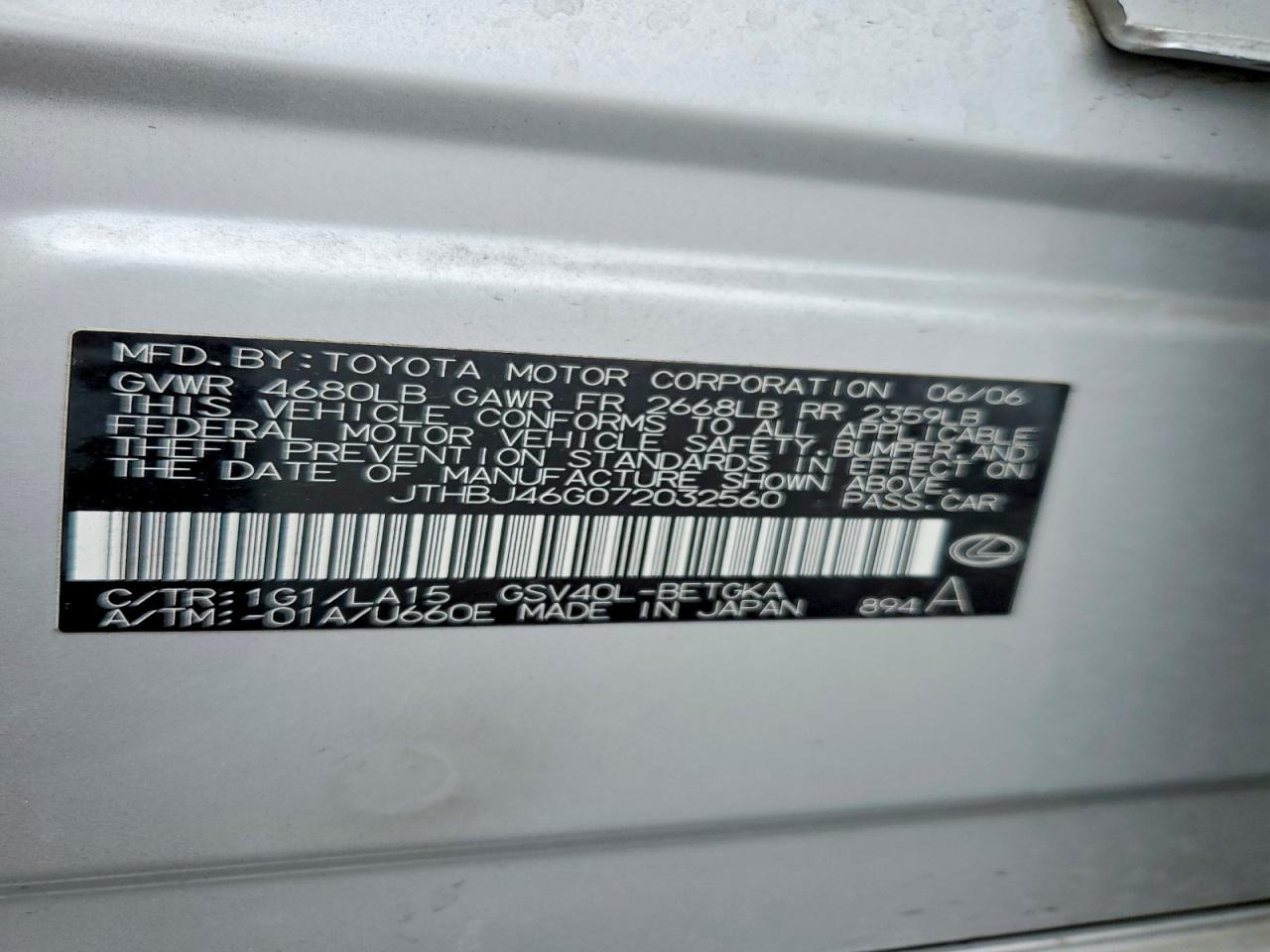 2007 Lexus Es 350 Silver vin: JTHBJ46G072032560