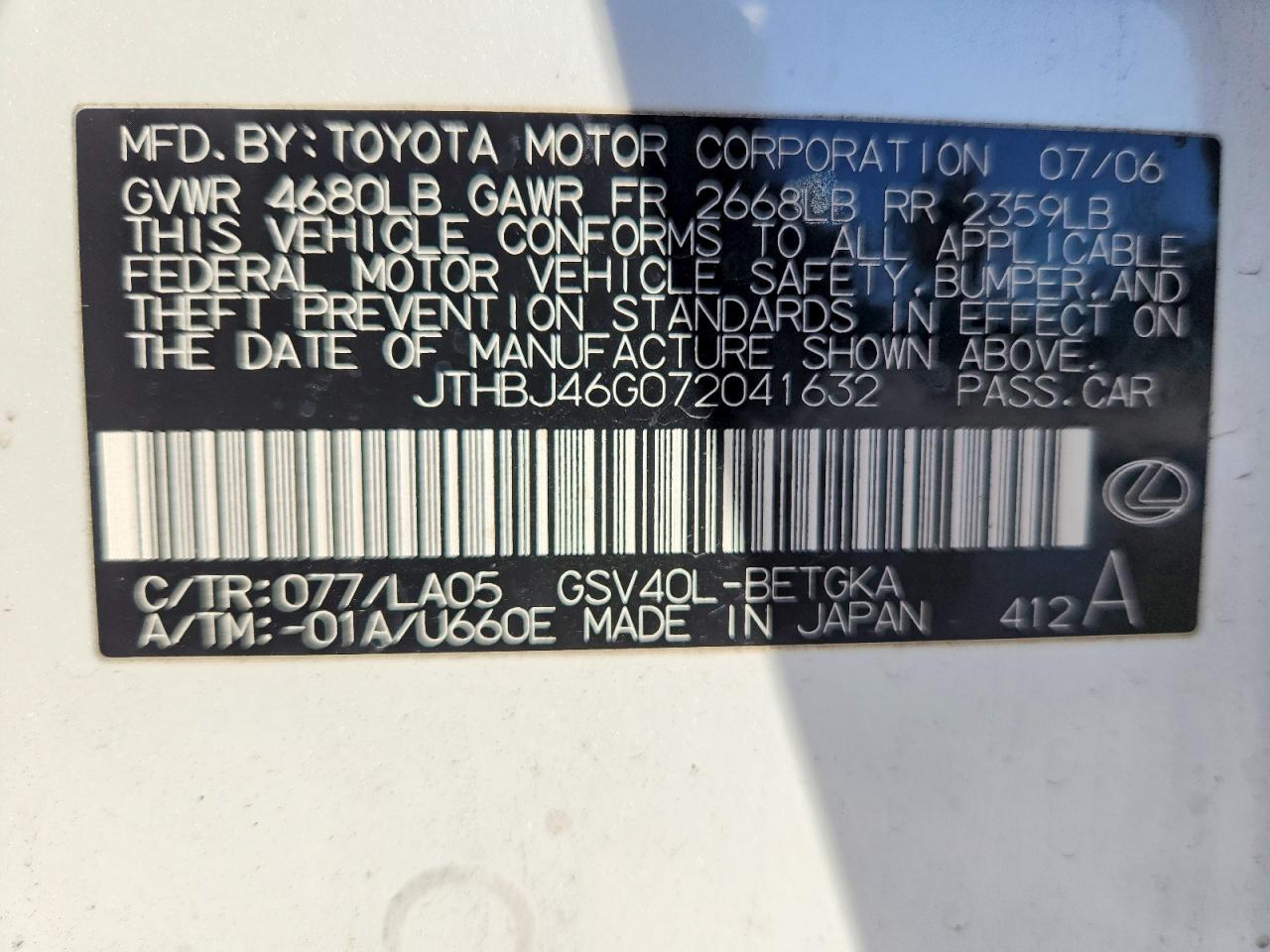2007 Lexus Es 350 Белый vin: JTHBJ46G072041632
