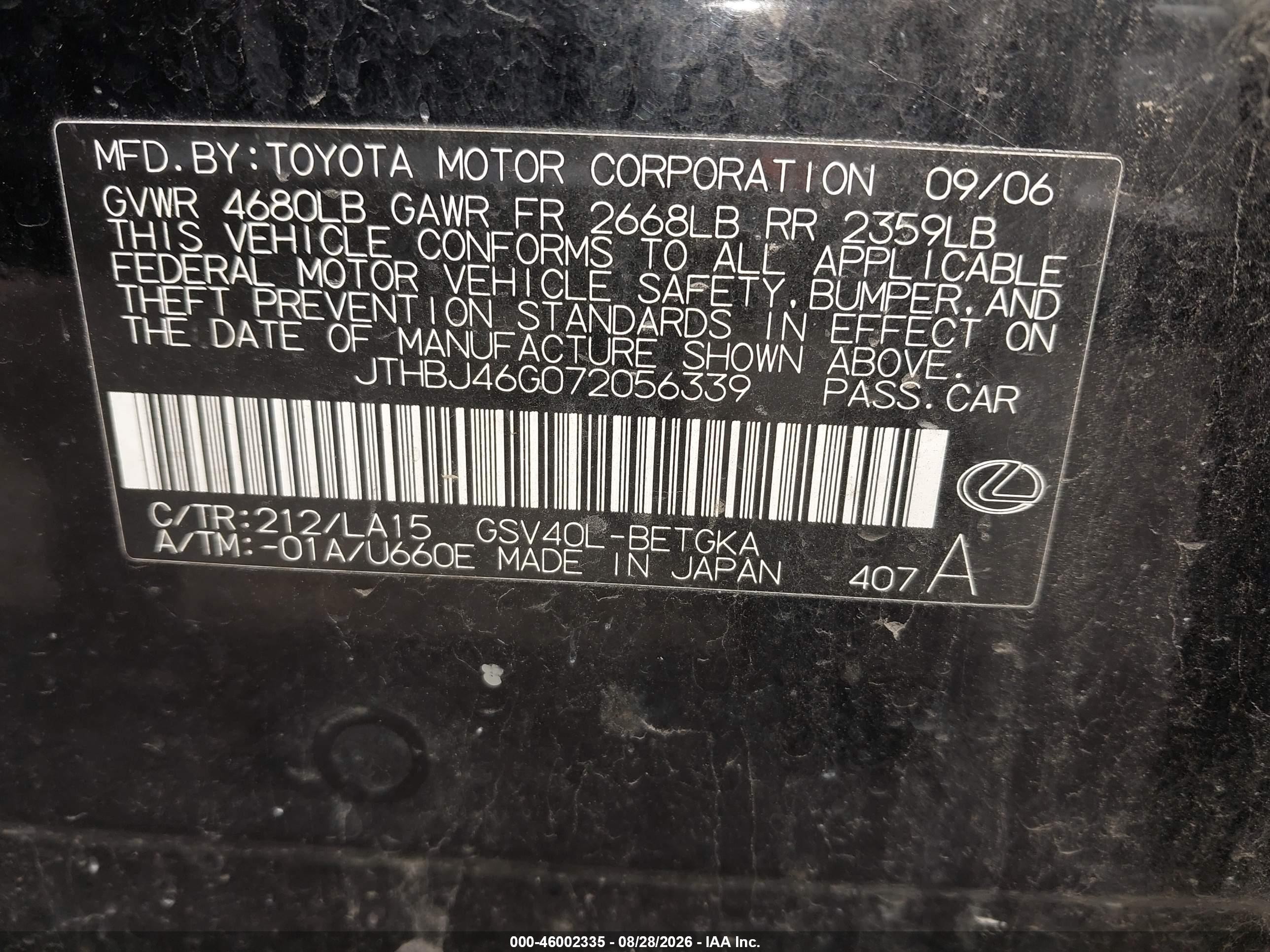 2007 Lexus Es 350   Black vin: JTHBJ46G072056339