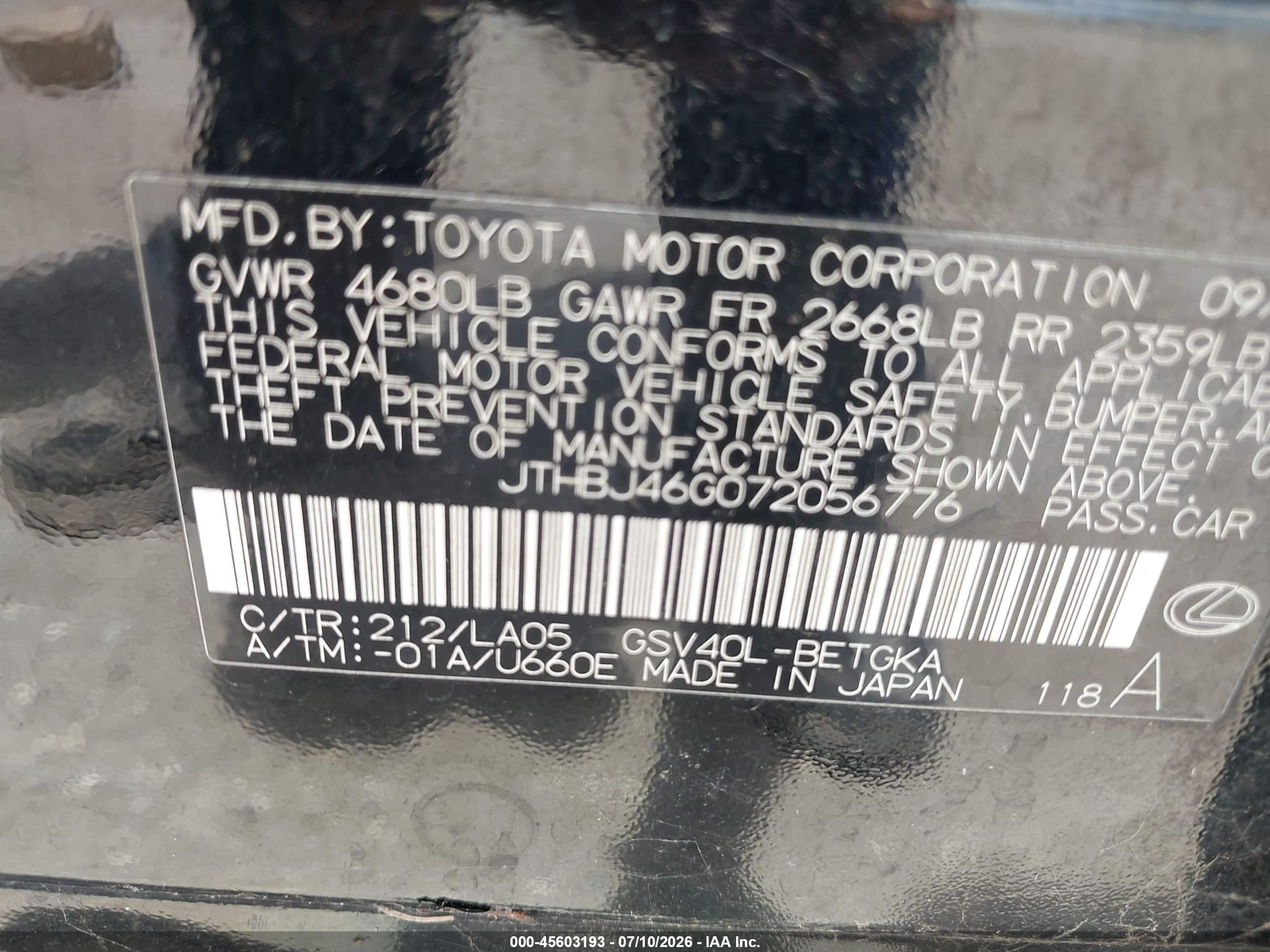 2007 Lexus Es 350   Black vin: JTHBJ46G072056776