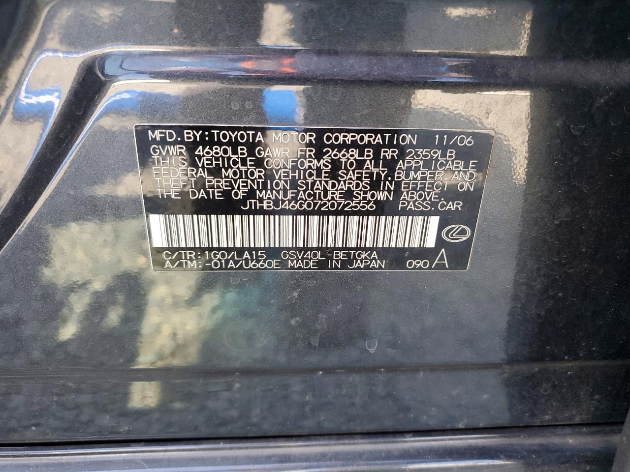 2007 Lexus Es 350 Charcoal vin: JTHBJ46G072072556