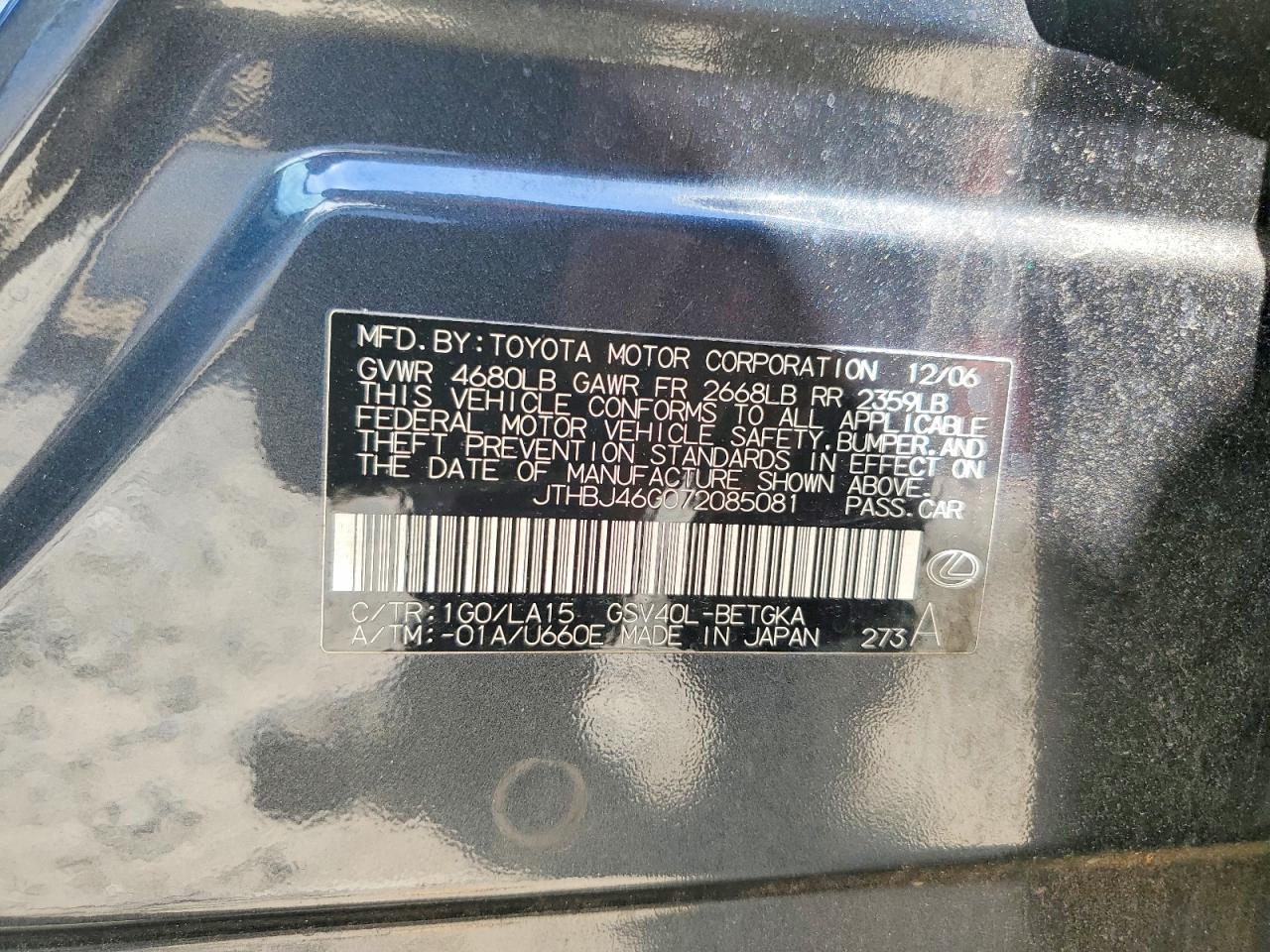 2007 Lexus Es 350 Угольный vin: JTHBJ46G072085081
