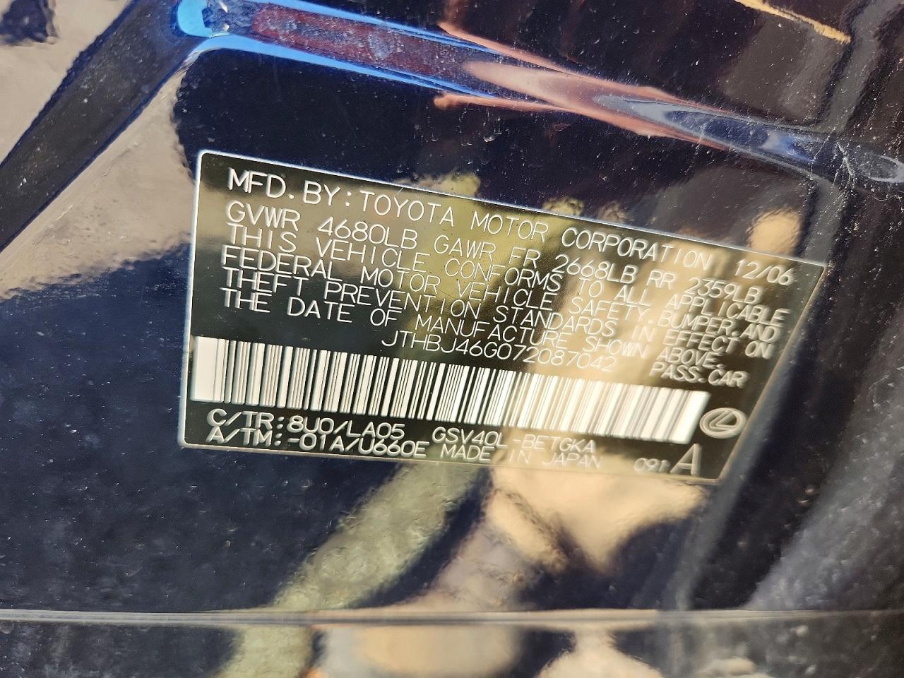 2007 Lexus Es 350 Blue vin: JTHBJ46G072087042