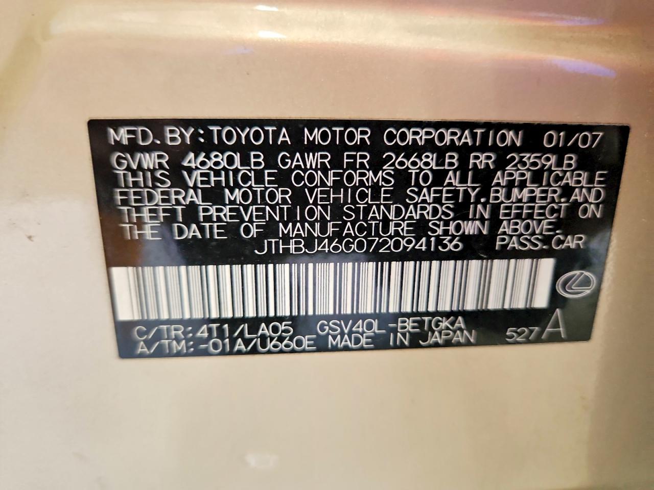 2007 Lexus Es 350 Gold vin: JTHBJ46G072094136