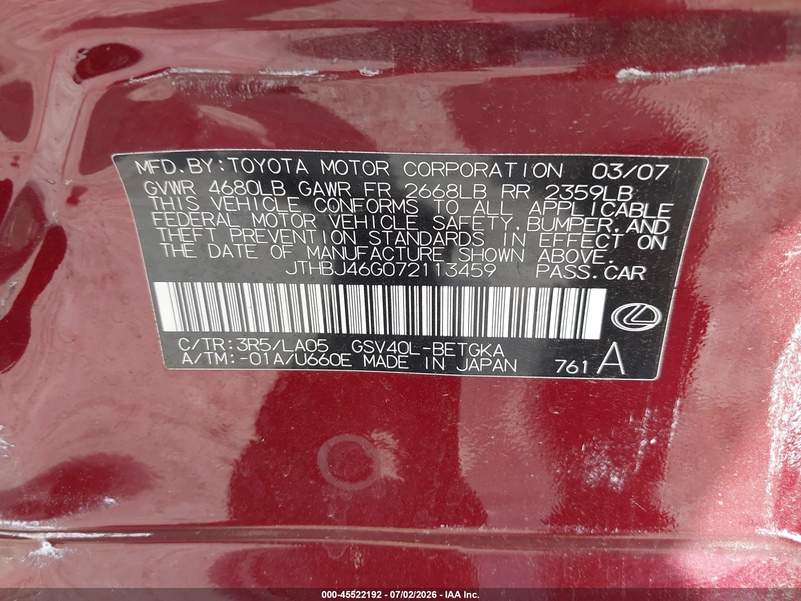 2007 Lexus Es 350   Red vin: JTHBJ46G072113459