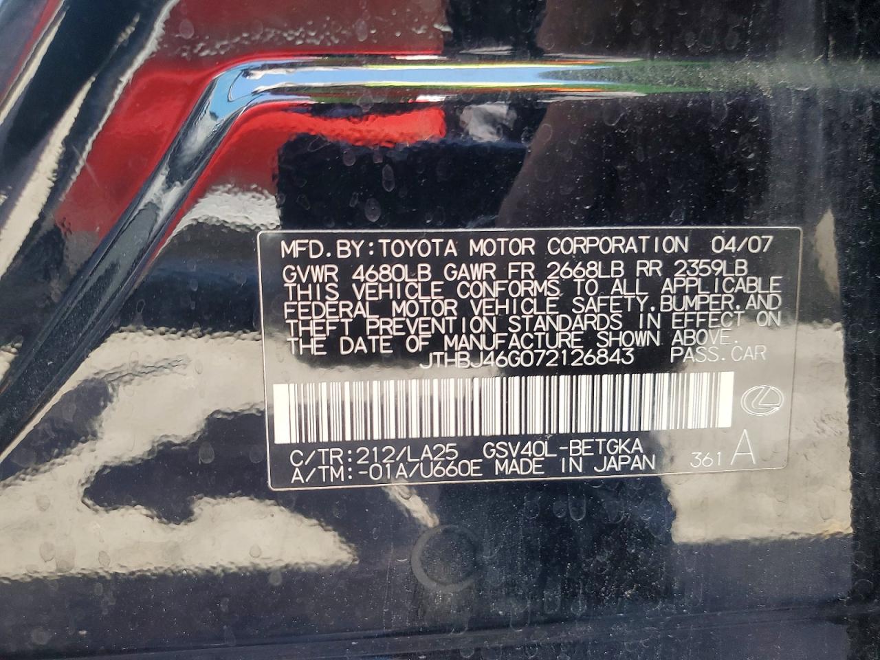 2007 Lexus Es 350 Black vin: JTHBJ46G072126843