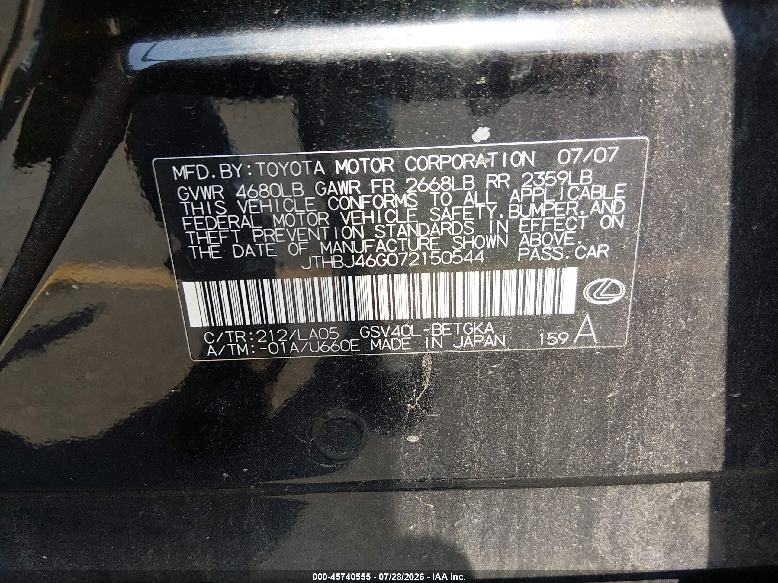 2007 Lexus Es 350   Black vin: JTHBJ46G072150544