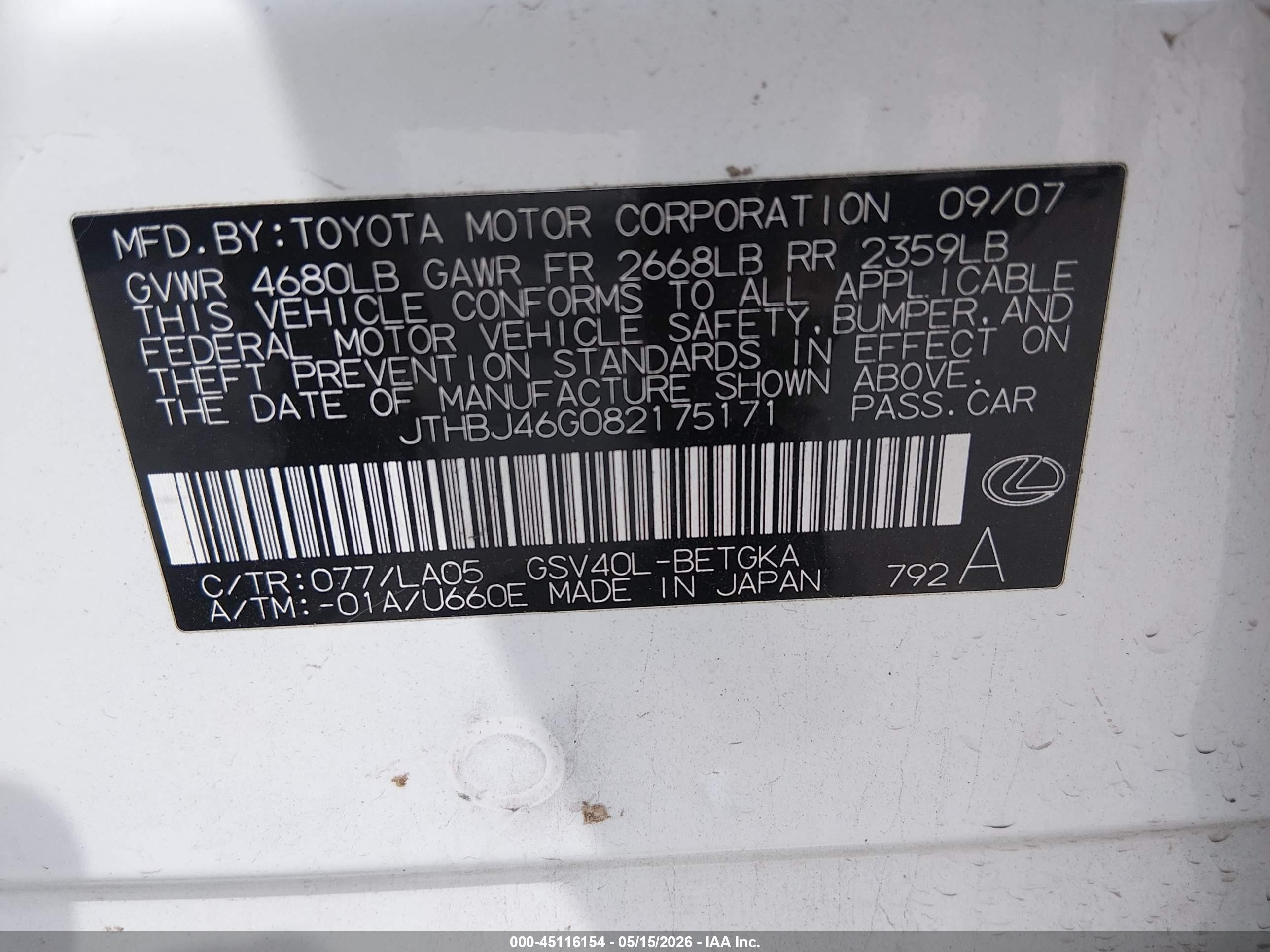 2008 Lexus Es 350 White vin: JTHBJ46G082175171