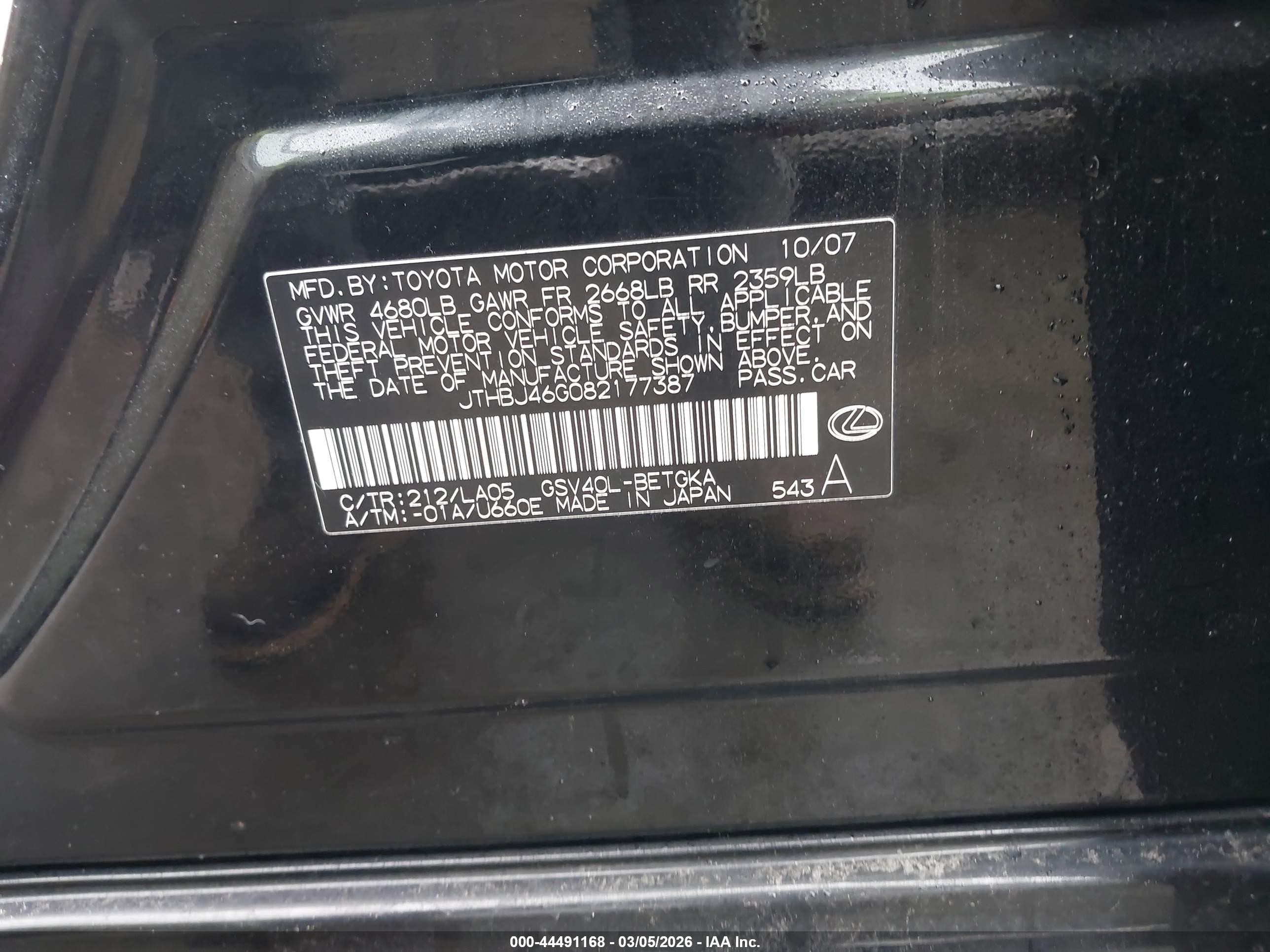 2008 Lexus Es 350   Black vin: JTHBJ46G082177387