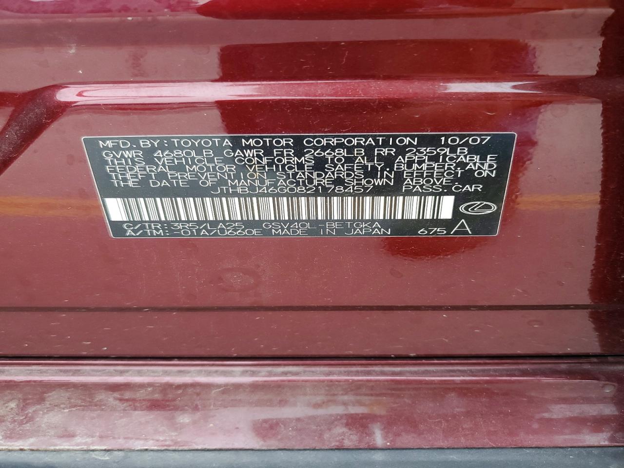 2008 Lexus Es 350 Burgundy vin: JTHBJ46G082178457