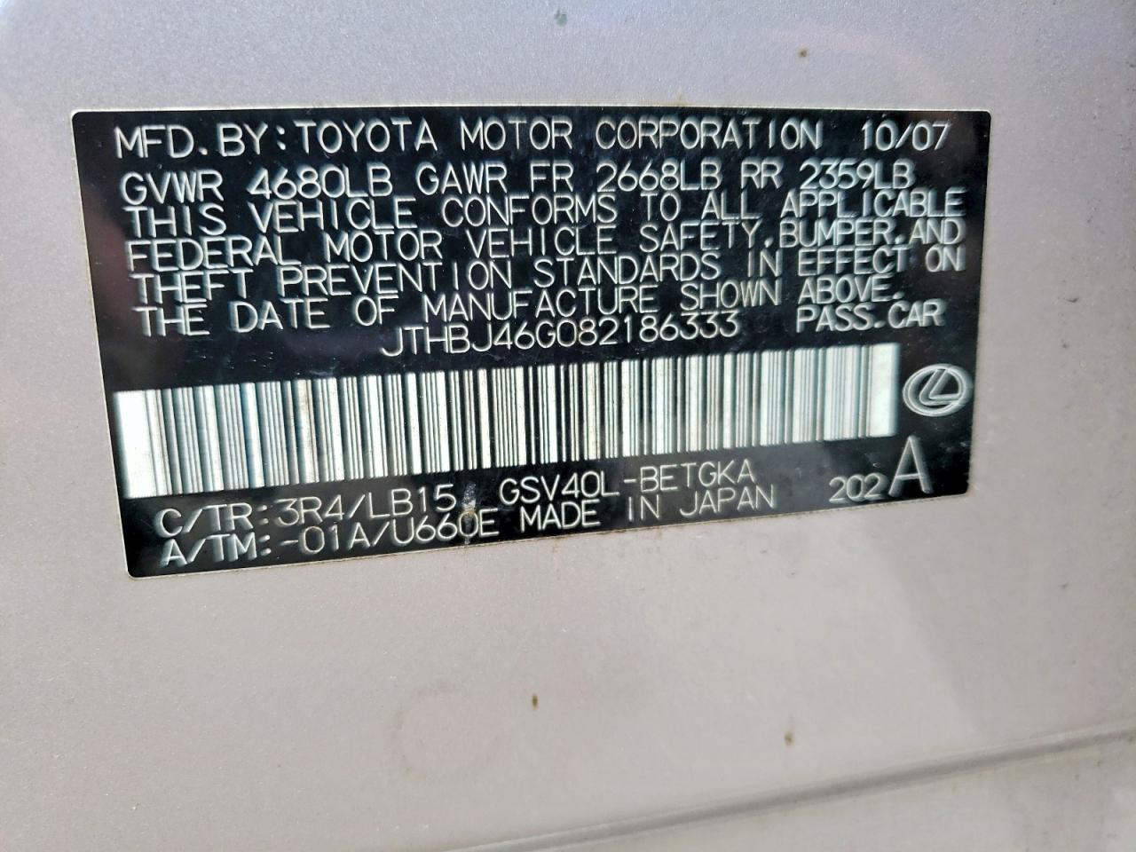 2008 Lexus Es 350 Base Silver vin: JTHBJ46G082186333