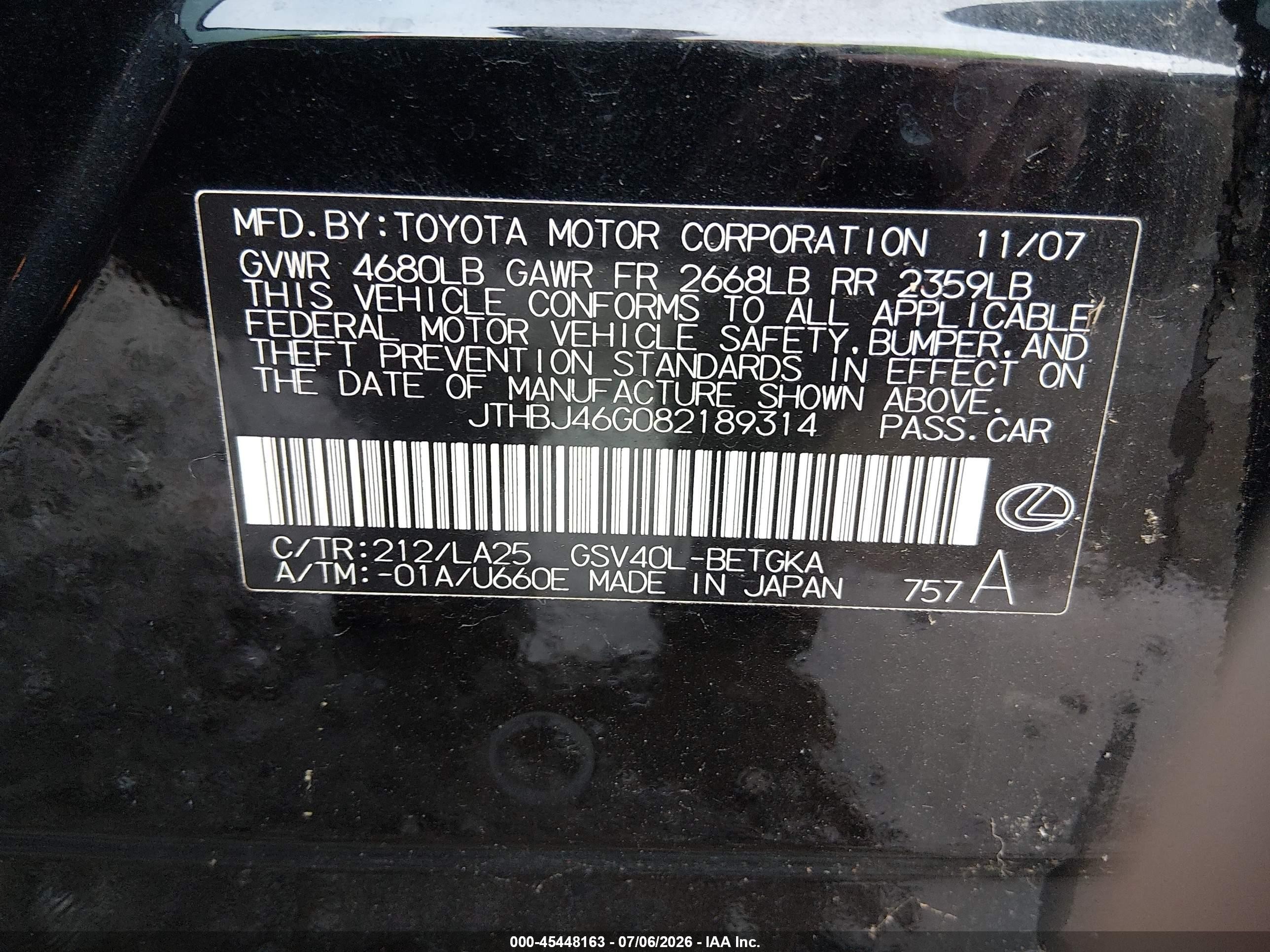 2008 Lexus Es 350   Black vin: JTHBJ46G082189314