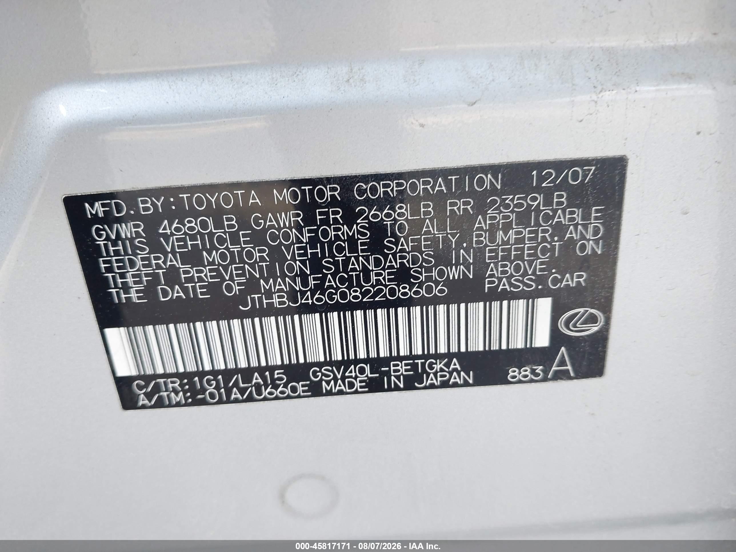 2008 Lexus Es 350 Silver vin: JTHBJ46G082208606