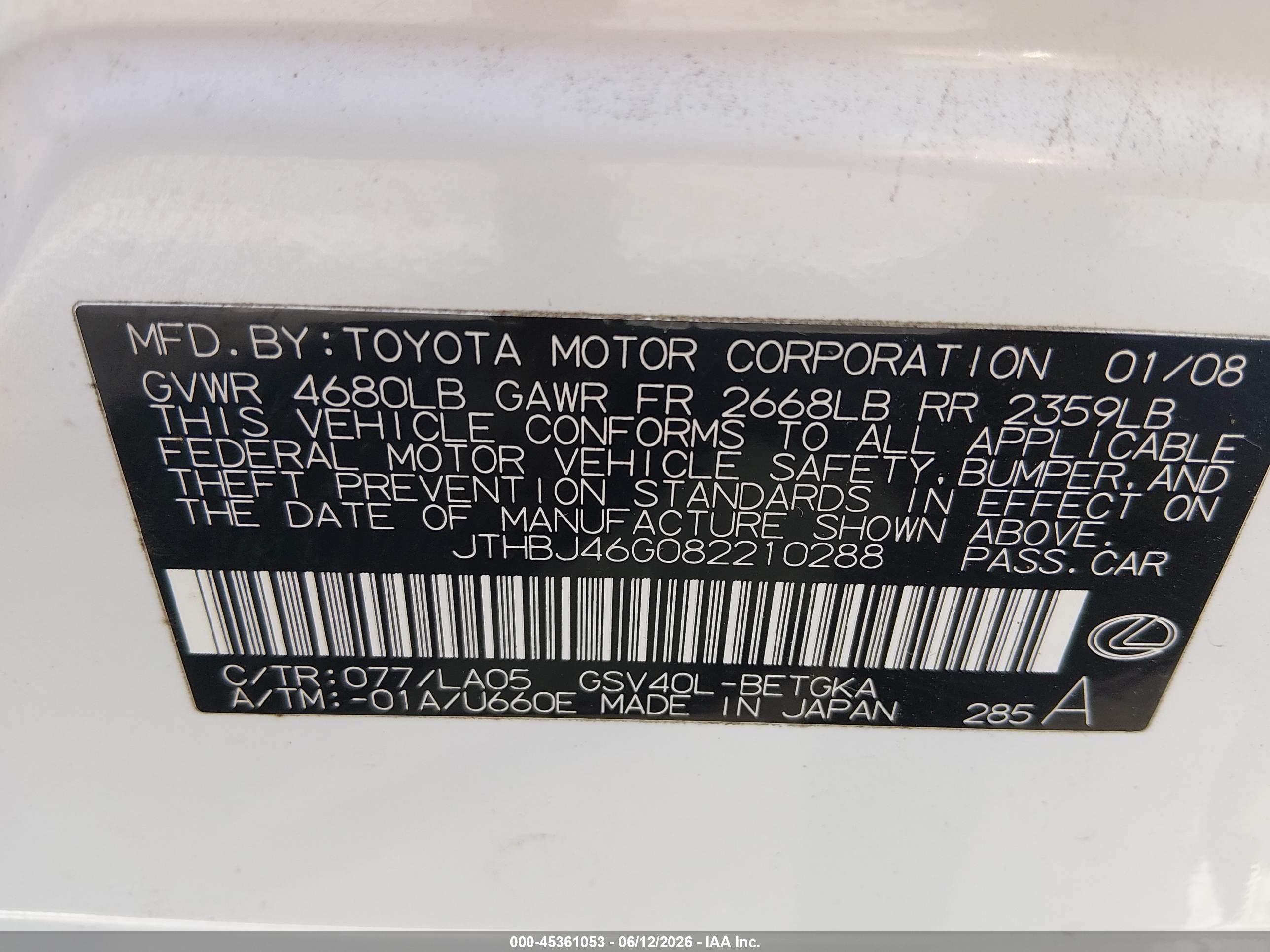 2008 Lexus Es 350   White vin: JTHBJ46G082210288