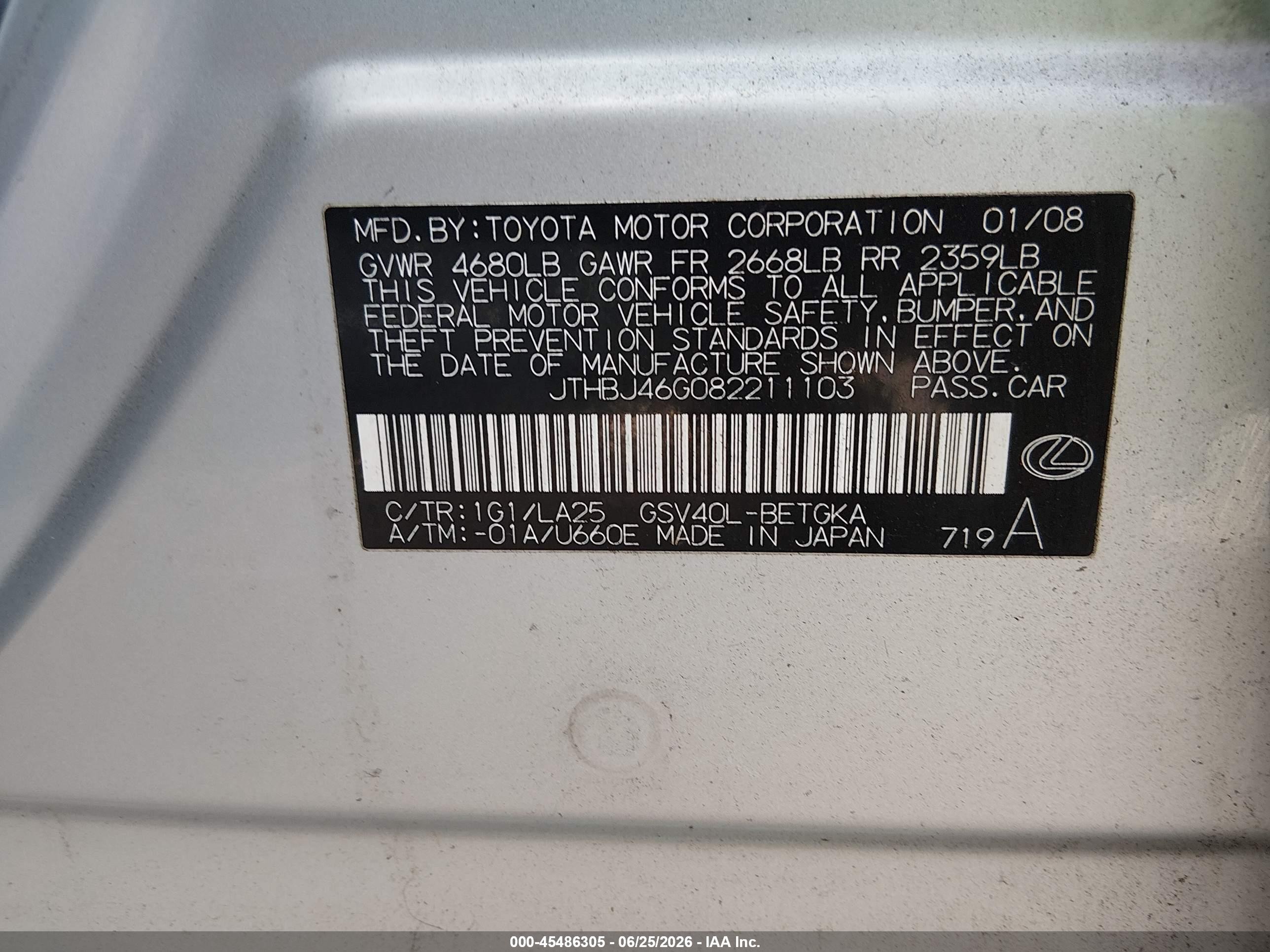 2008 Lexus Es 350 Silver vin: JTHBJ46G082211103