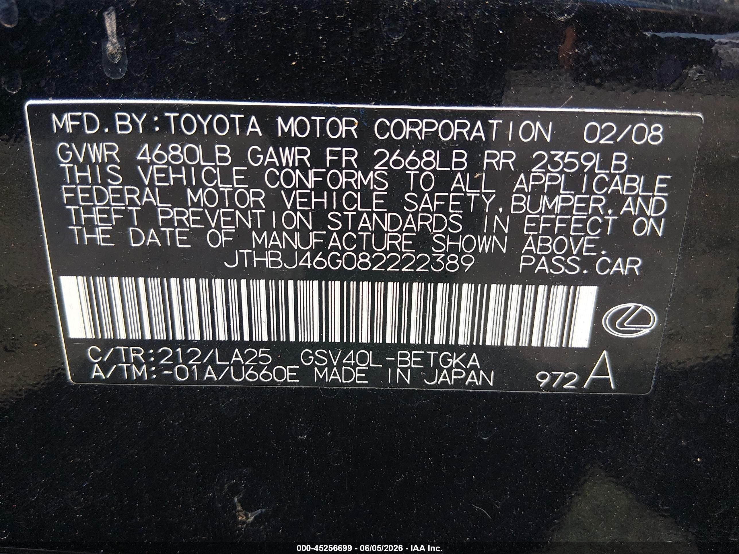 2008 Lexus Es 350   Black vin: JTHBJ46G082222389