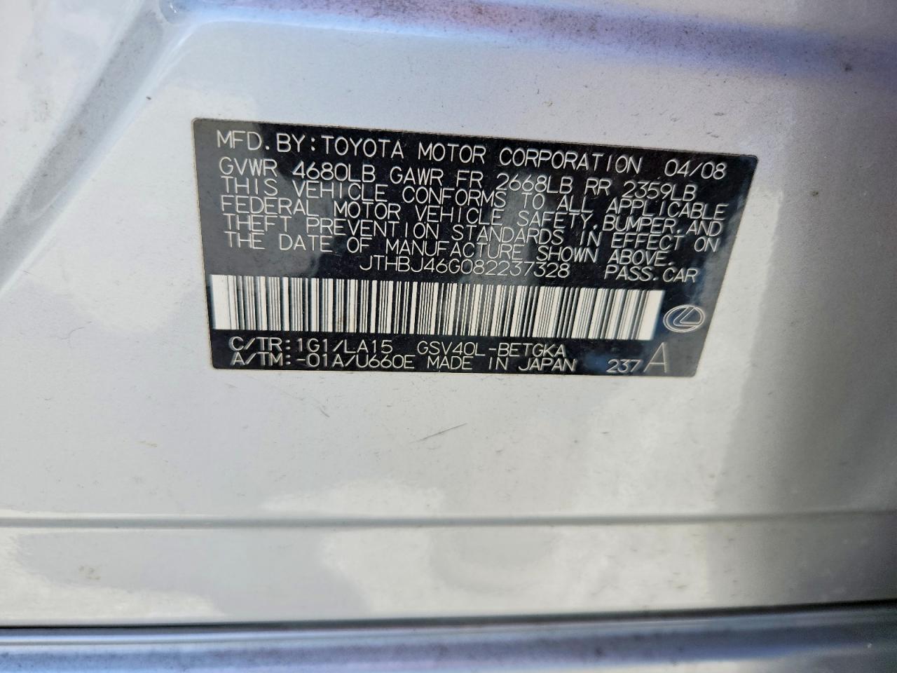 2008 Lexus Es 350 Silver vin: JTHBJ46G082237328
