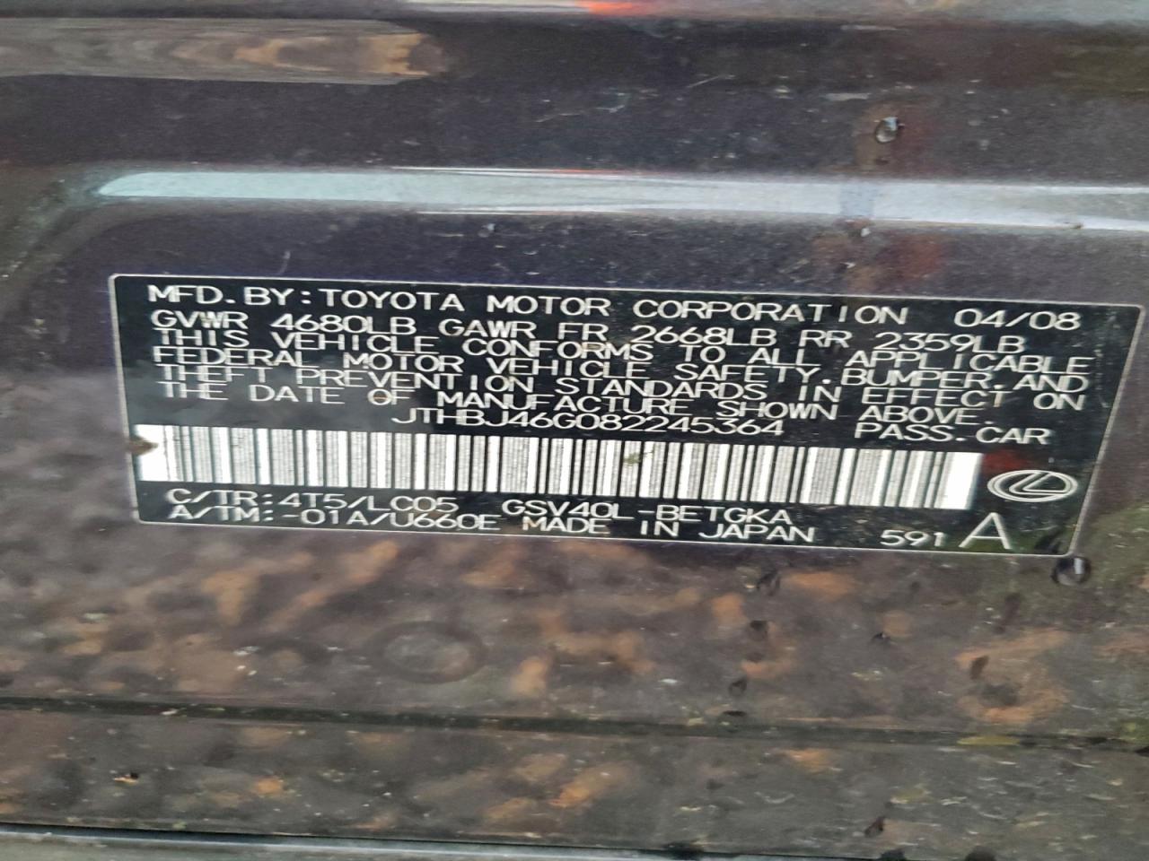 2008 Lexus Es 350 Charcoal vin: JTHBJ46G082245364